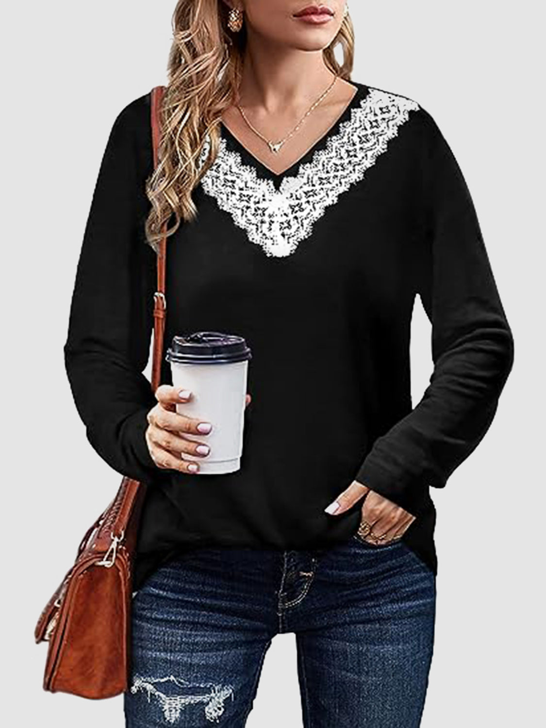 Lace Detail V-Neck Long Sleeve T-Shirt-TOPS / DRESSES-[Adult]-[Female]-2022 Online Blue Zone Planet