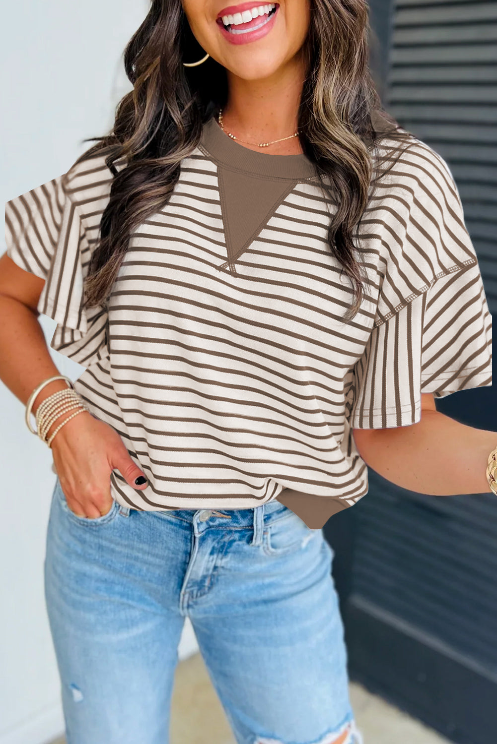Parchment Contrast Detail Striped Ruffle Short Sleeve Top-Tops/Blouses & Shirts-[Adult]-[Female]-Parchment-S-2022 Online Blue Zone Planet