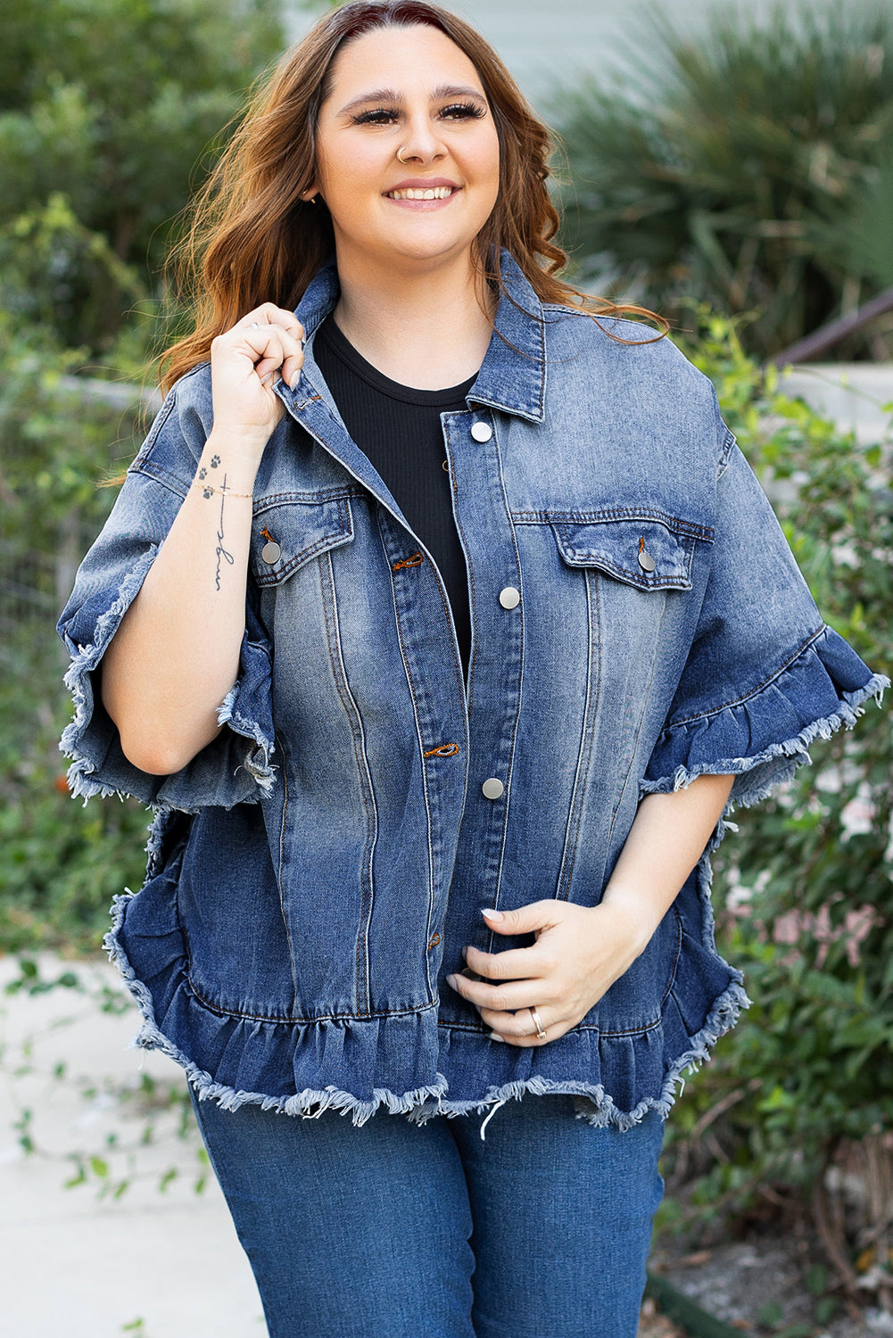 Blue Zone Planet | Peacock Blue Ruffled Frayed Short Sleeve Plus Size Denim Jacket-Plus Size/Plus Size Outerwear-[Adult]-[Female]-2022 Online Blue Zone Planet