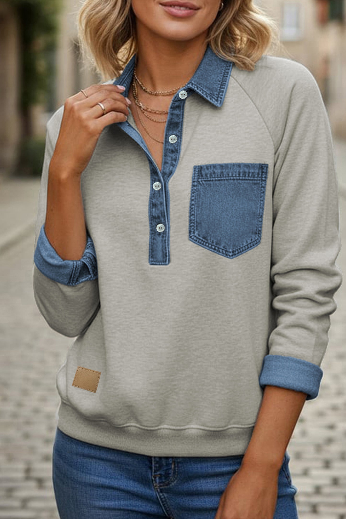 Gray Denim Collar Patchwork Long Sleeve Pullover Top