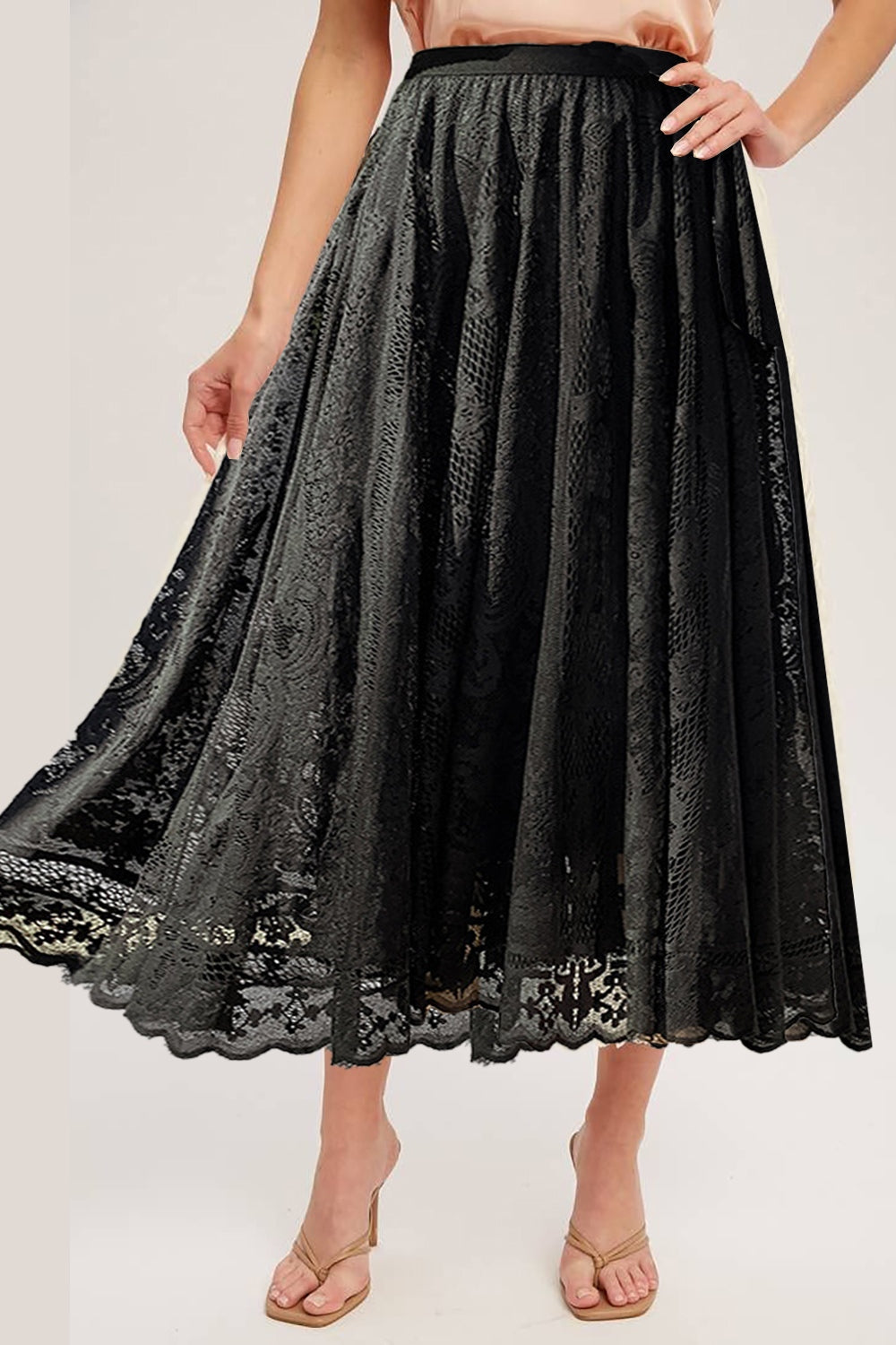 Lace High Waist Midi Skirt-BOTTOMS SIZES SMALL MEDIUM LARGE-[Adult]-[Female]-Black-S-2022 Online Blue Zone Planet