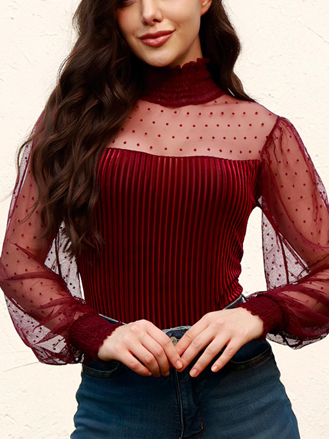 Blue Zone Planet | Smocked Mock Neck Long Sleeve Bodysuit-TOPS / DRESSES-[Adult]-[Female]-Burgundy-S-2022 Online Blue Zone Planet