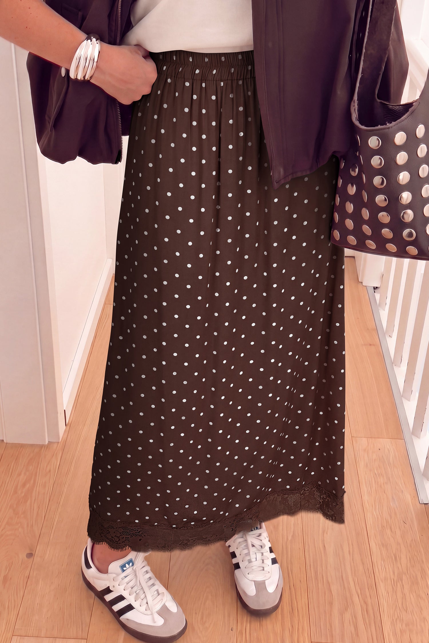 Brown Polka Dot Lace Hem Elegant Long Shift Skirt-Bottoms/Skirts & Petticoat-[Adult]-[Female]-Brown-S-2022 Online Blue Zone Planet