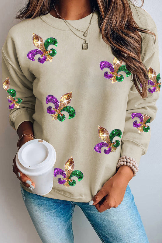Khaki Sequin Mardi Gras Graphic Pullover Sweatshirt-Graphic/Graphic Sweatshirts-[Adult]-[Female]-Khaki-S-2022 Online Blue Zone Planet
