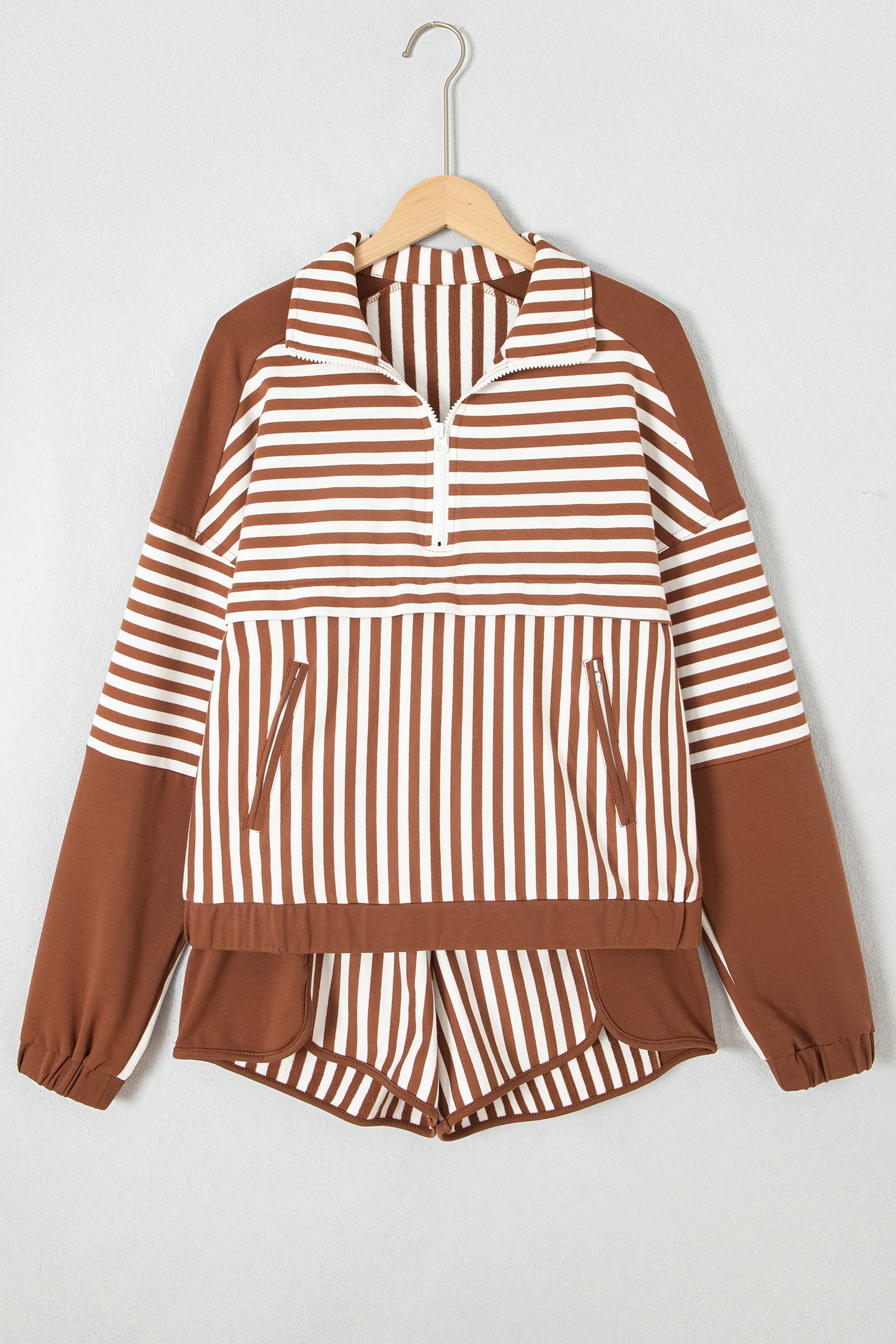Brown Stripe Color Block Patchwork Quarter Zip Pullover Sporty Shorts Set-Two Piece Sets/Short Sets-[Adult]-[Female]-2022 Online Blue Zone Planet