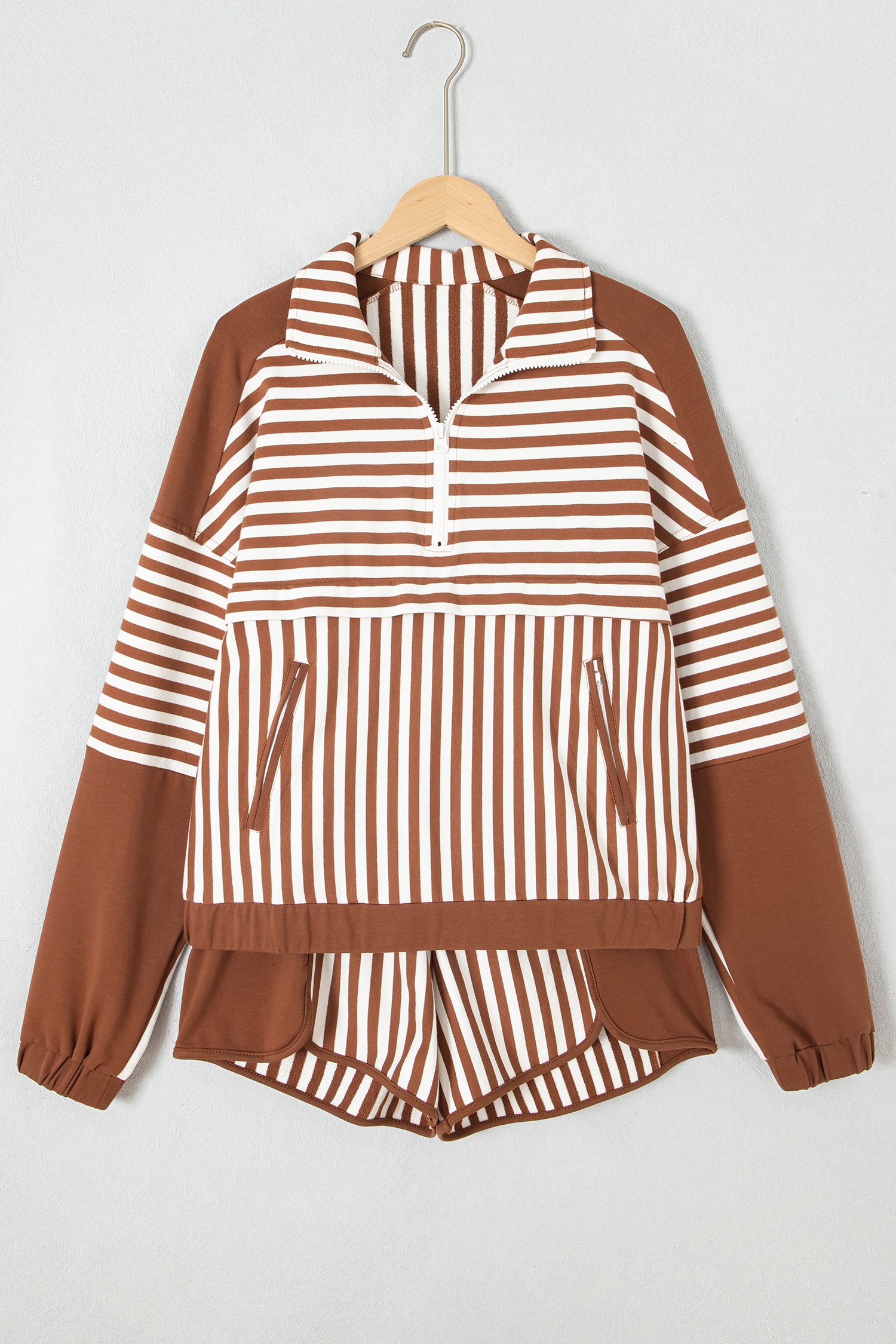 Brown Stripe Color Block Patchwork Quarter Zip Pullover Sporty Shorts Set-Two Piece Sets/Short Sets-[Adult]-[Female]-2022 Online Blue Zone Planet