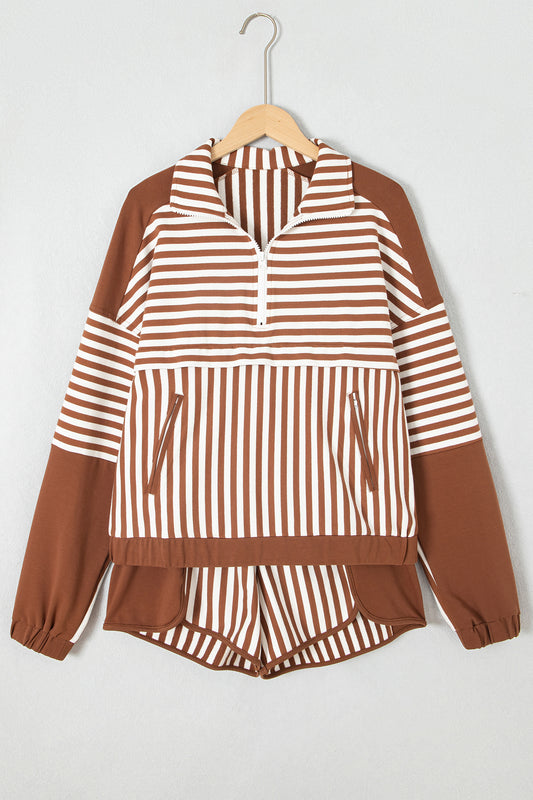 Brown Stripe Color Block Patchwork Quarter Zip Pullover Sporty Shorts Set-Two Piece Sets/Short Sets-[Adult]-[Female]-2022 Online Blue Zone Planet