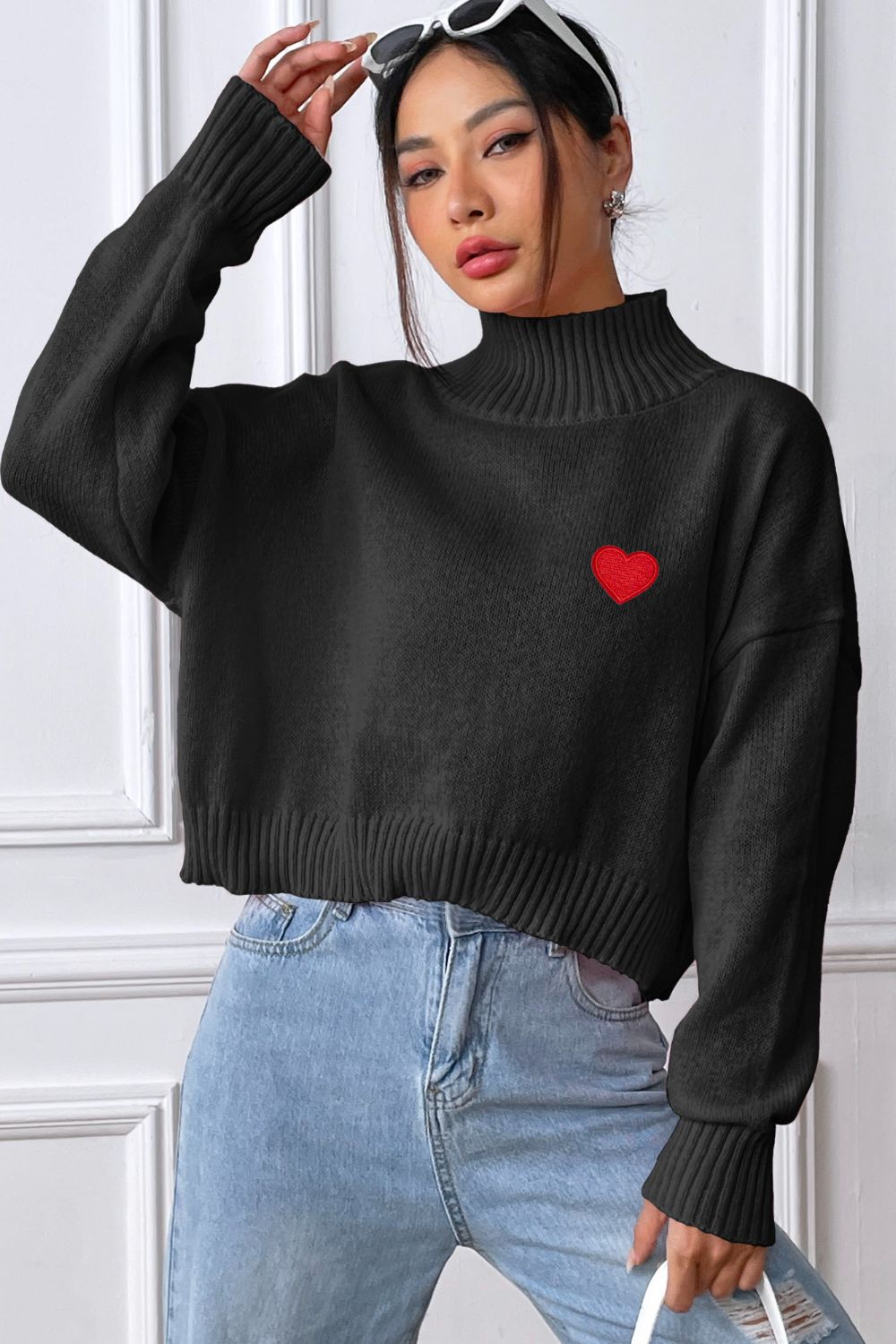 Blue Zone Planet | Heart Turtleneck Long Sleeve Sweater-TOPS / DRESSES-[Adult]-[Female]-2022 Online Blue Zone Planet