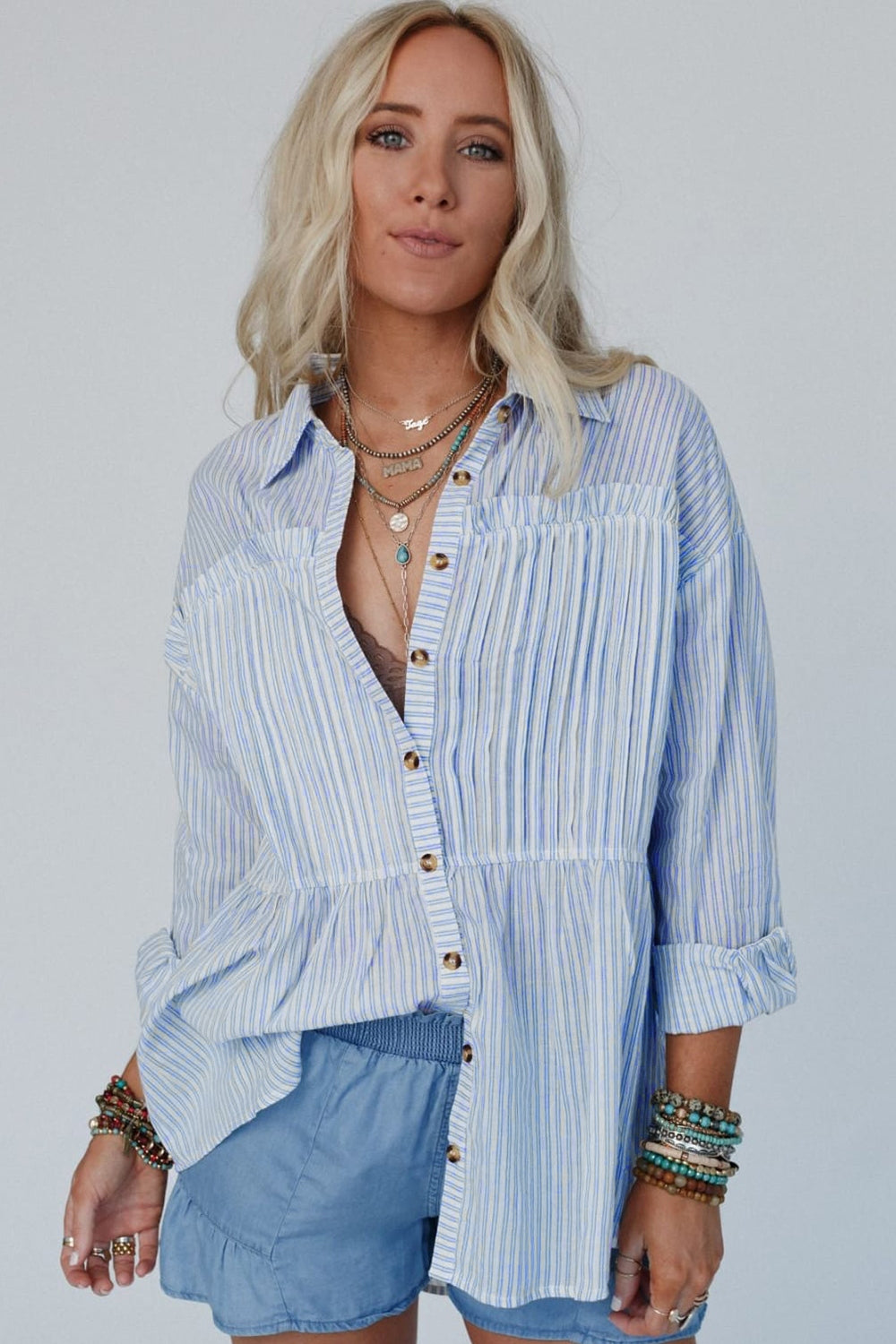 Blue Zone Planet | High-Low Striped Collared Neck Long Sleeve Shirt-SWEATERS-[Adult]-[Female]-2022 Online Blue Zone Planet