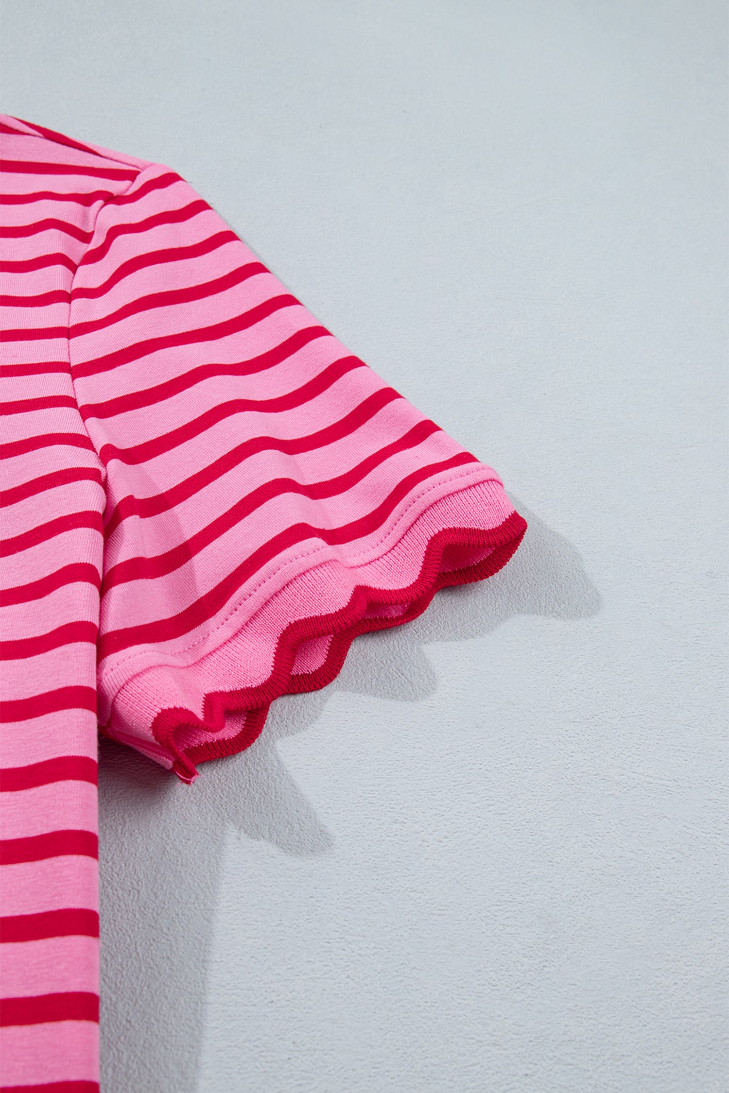 Pink Stripe Scalloped Trim Round Neck T Shirt-Tops/Tops & Tees-[Adult]-[Female]-2022 Online Blue Zone Planet