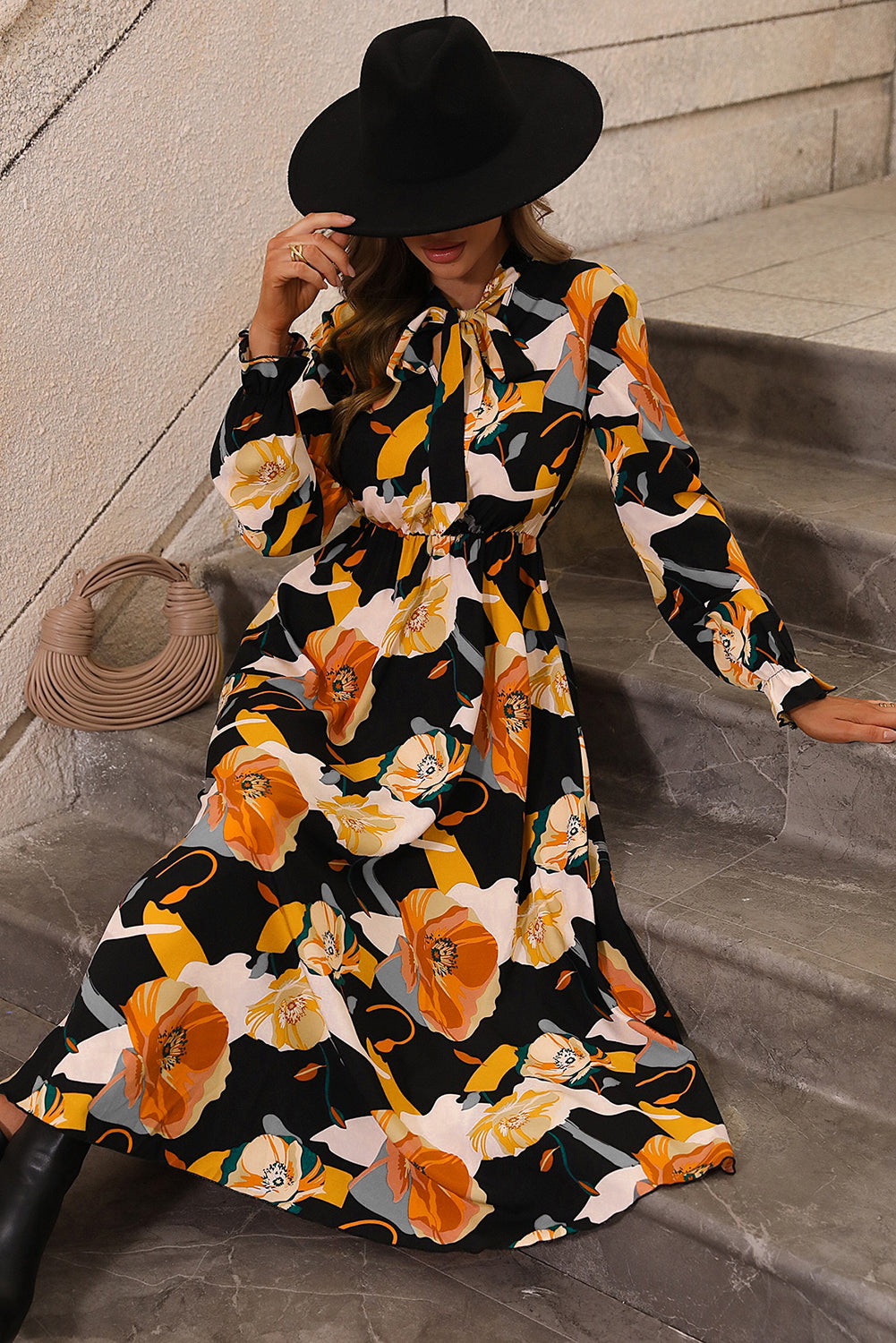 Blue Zone Planet | Orange Floral Print Tie Neck Long Sleeve Dress-TOPS / DRESSES-[Adult]-[Female]-2022 Online Blue Zone Planet