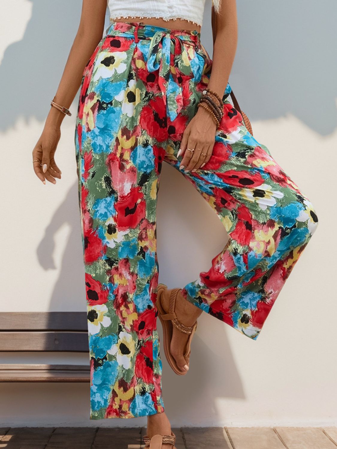 Blue Zone Planet | Perfee Tied Printed Wide Leg Pants-BOTTOMS SIZES SMALL MEDIUM LARGE-[Adult]-[Female]-2022 Online Blue Zone Planet