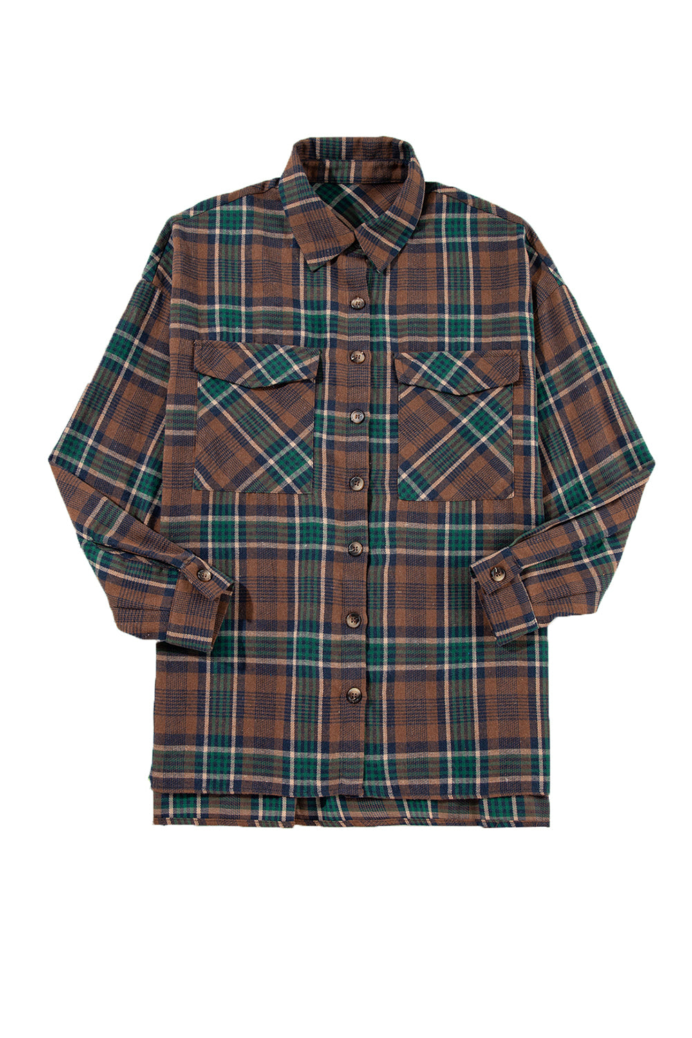 Brown Plaid Print Chest Pockets Buttoned Shacket-Jackets-[Adult]-[Female]-2022 Online Blue Zone Planet