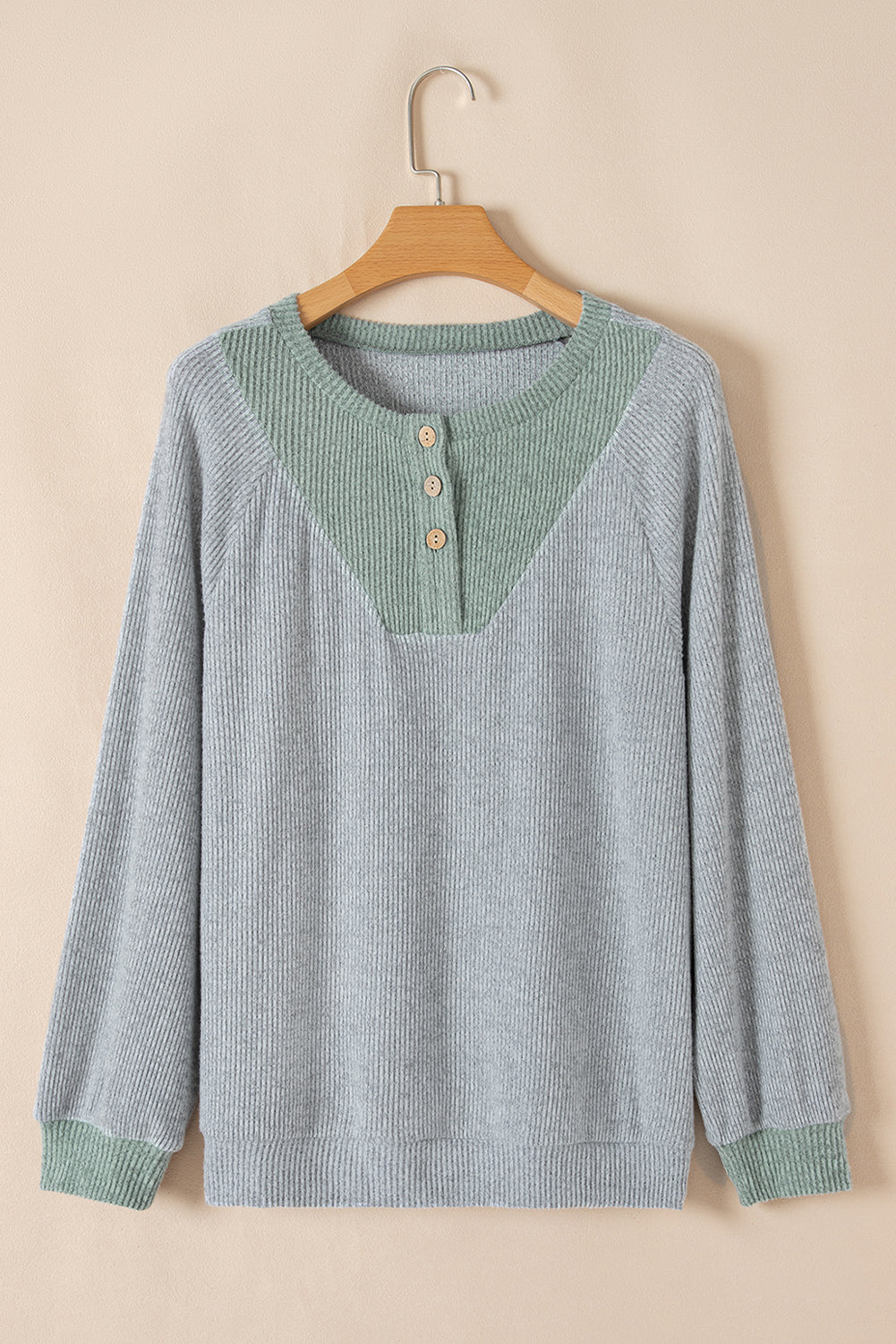 Blue Zone Planet | Light Grey Color Contrast Ribbed Loose Fit Long Sleeve Top-Tops/Long Sleeve Tops-[Adult]-[Female]-2022 Online Blue Zone Planet