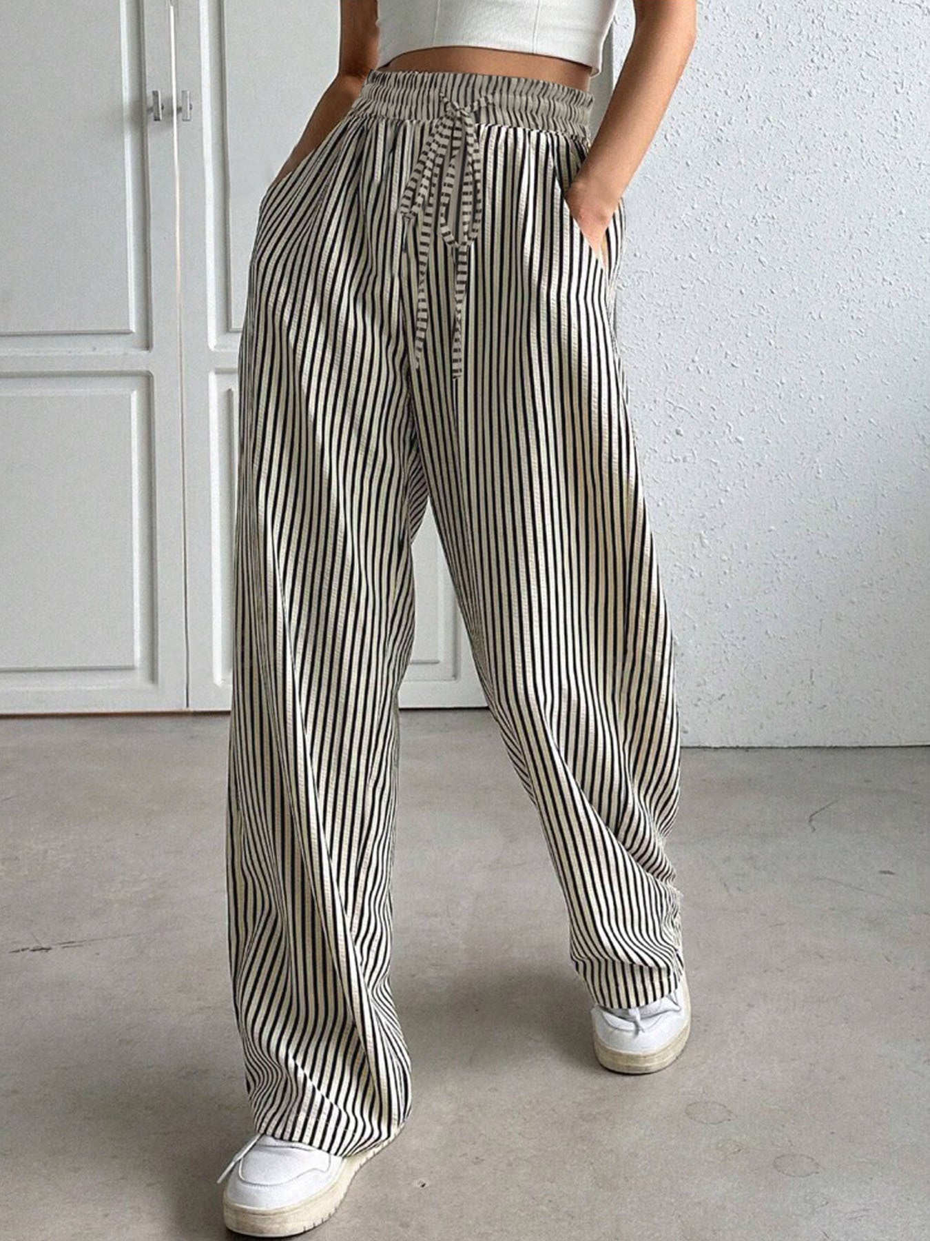 Drawstring Striped Elastic Waist Pants-BOTTOMS SIZES SMALL MEDIUM LARGE-[Adult]-[Female]-Black/White-S-2022 Online Blue Zone Planet