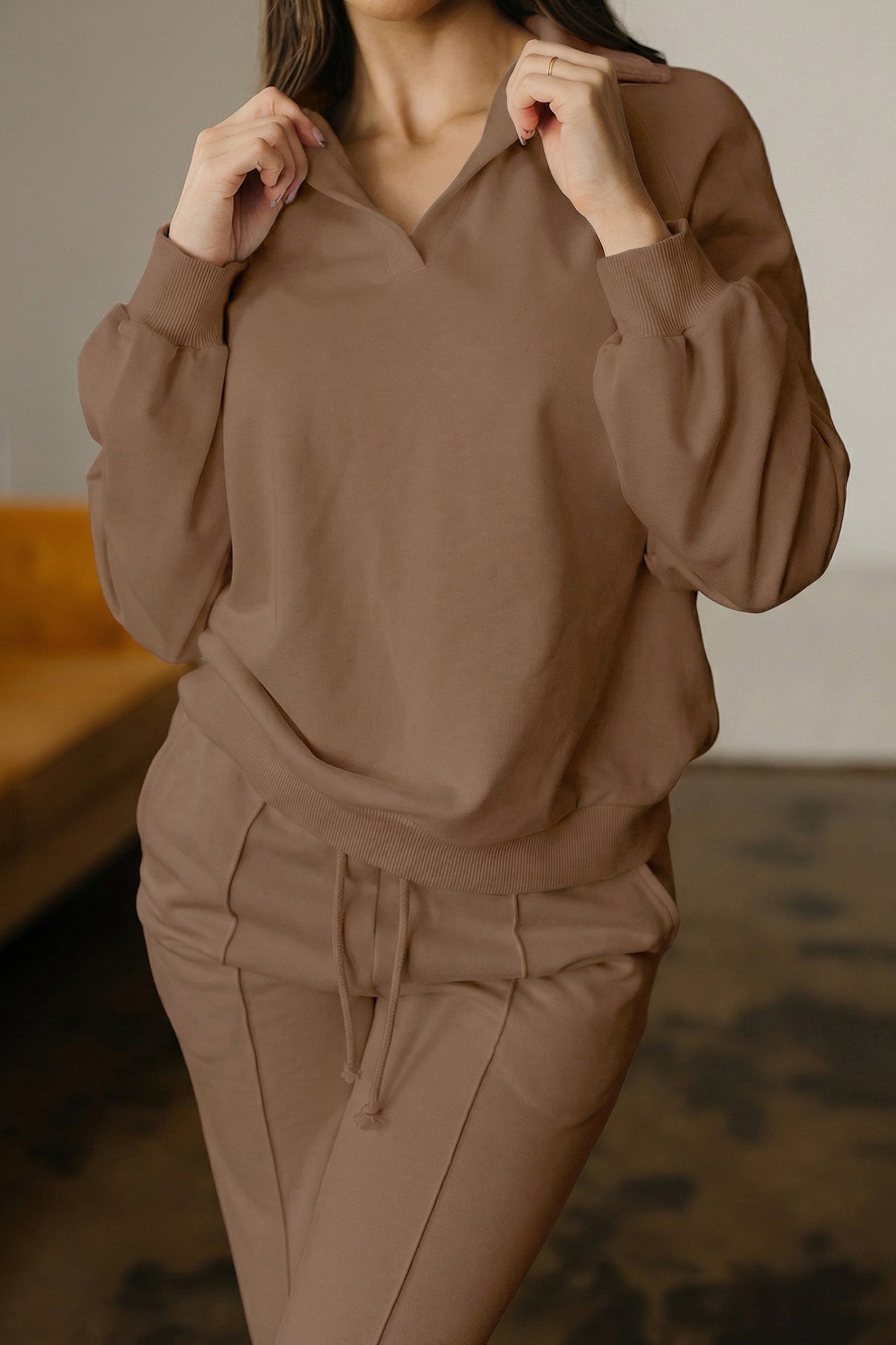 Dark Khaki Polo Collar V Neck Pullover and Drawstring Sweatpants Set-Two Piece Sets/Pant Sets-[Adult]-[Female]-2022 Online Blue Zone Planet