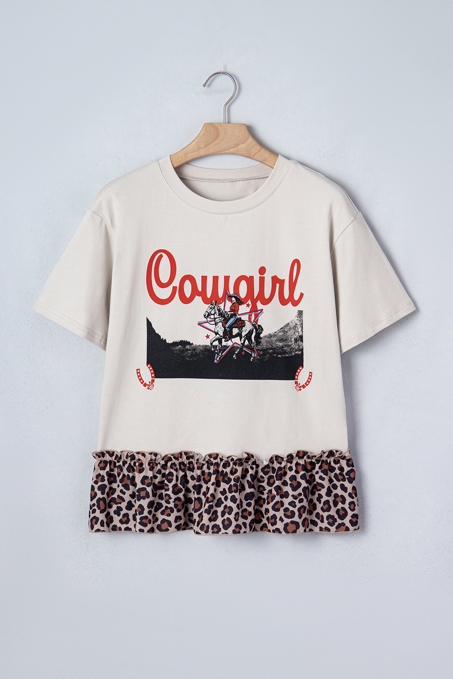 White Retro Cowgirl Print Leopard Ruffle Hem Patchwork T Shirt-Tops/Tops & Tees-[Adult]-[Female]-2022 Online Blue Zone Planet