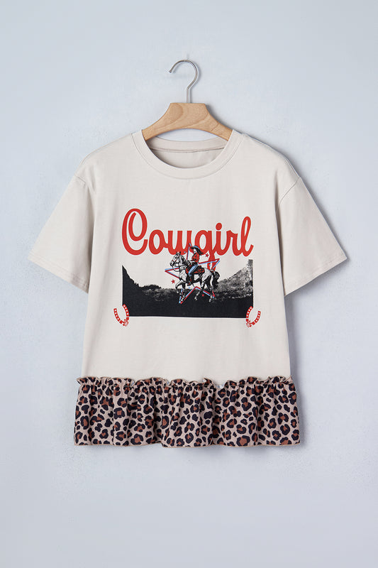 White Retro Cowgirl Print Leopard Ruffle Hem Patchwork T Shirt-Tops/Tops & Tees-[Adult]-[Female]-2022 Online Blue Zone Planet