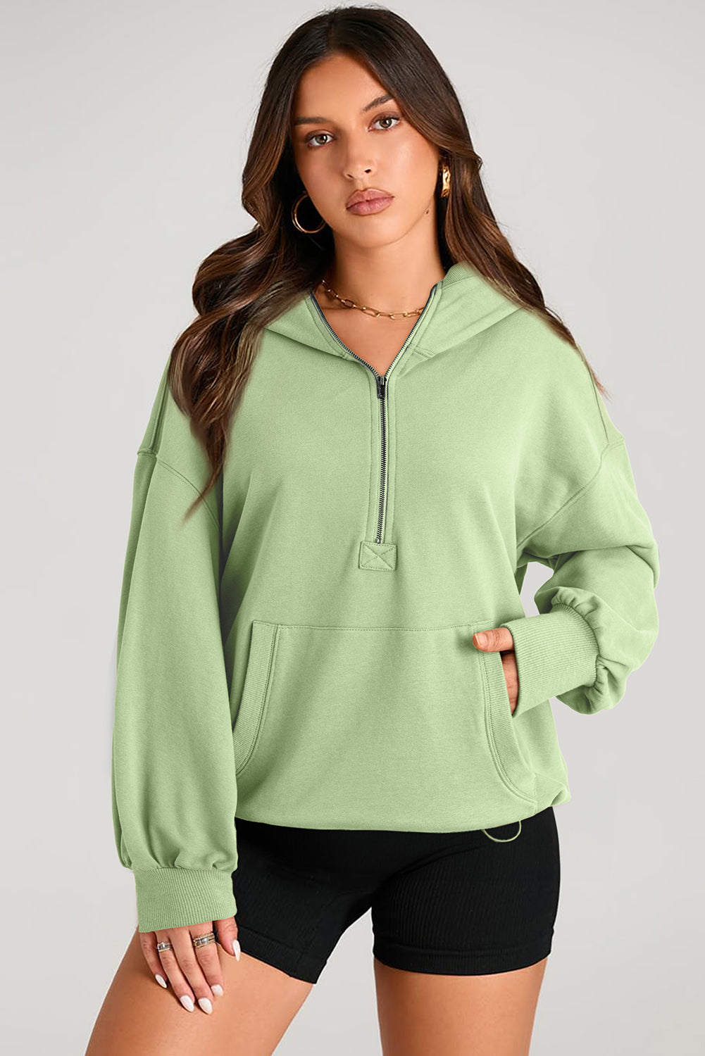 Brown Solid Kangaroo Pocket Half Zipper Oversized Hoodie-Tops/Sweatshirts & Hoodies-[Adult]-[Female]-2022 Online Blue Zone Planet