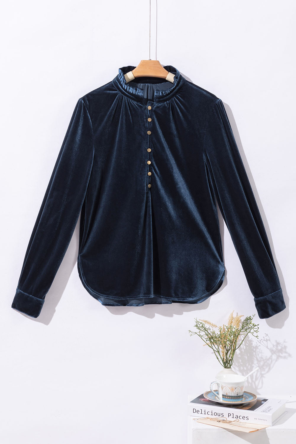 Frill Half Button Mock Neck Long Sleeve Blouse-TOPS / DRESSES-[Adult]-[Female]-2022 Online Blue Zone Planet