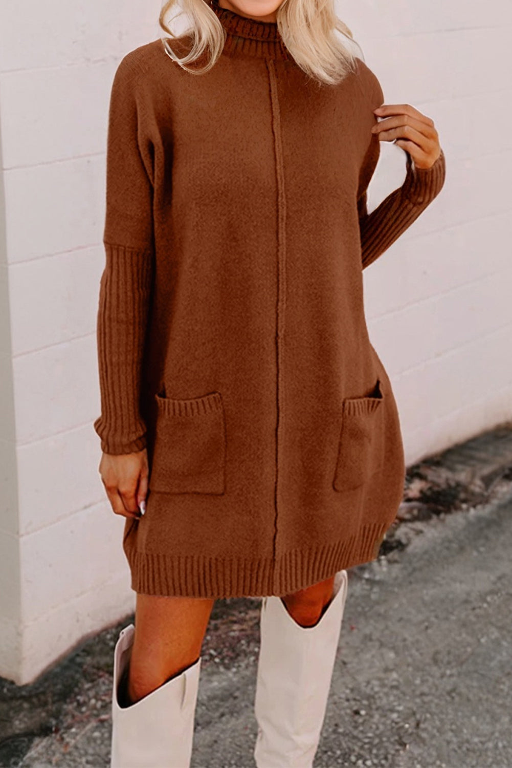 Chestnut Ribbed High Neck Front Pockets Center Seam Shift Sweater Dress-Sweaters & Cardigans/Sweater Dresses-[Adult]-[Female]-2022 Online Blue Zone Planet