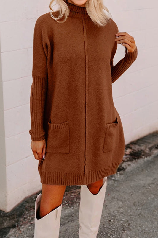 Chestnut Ribbed High Neck Front Pockets Center Seam Shift Sweater Dress-Sweaters & Cardigans/Sweater Dresses-[Adult]-[Female]-2022 Online Blue Zone Planet