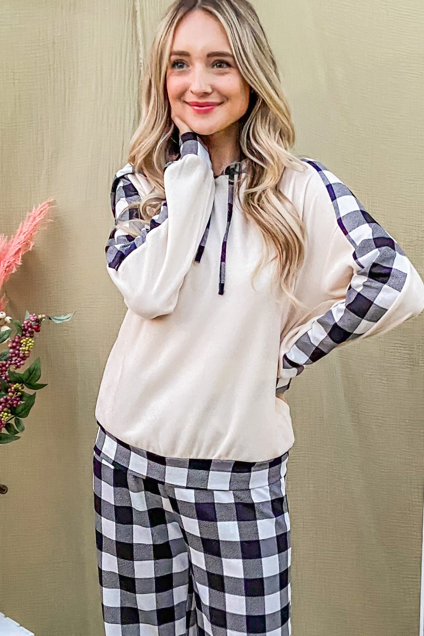 And The Why Drawstring Hooded Top and Plaid Pants Lounge Set-TOPS / DRESSES-[Adult]-[Female]-2022 Online Blue Zone Planet