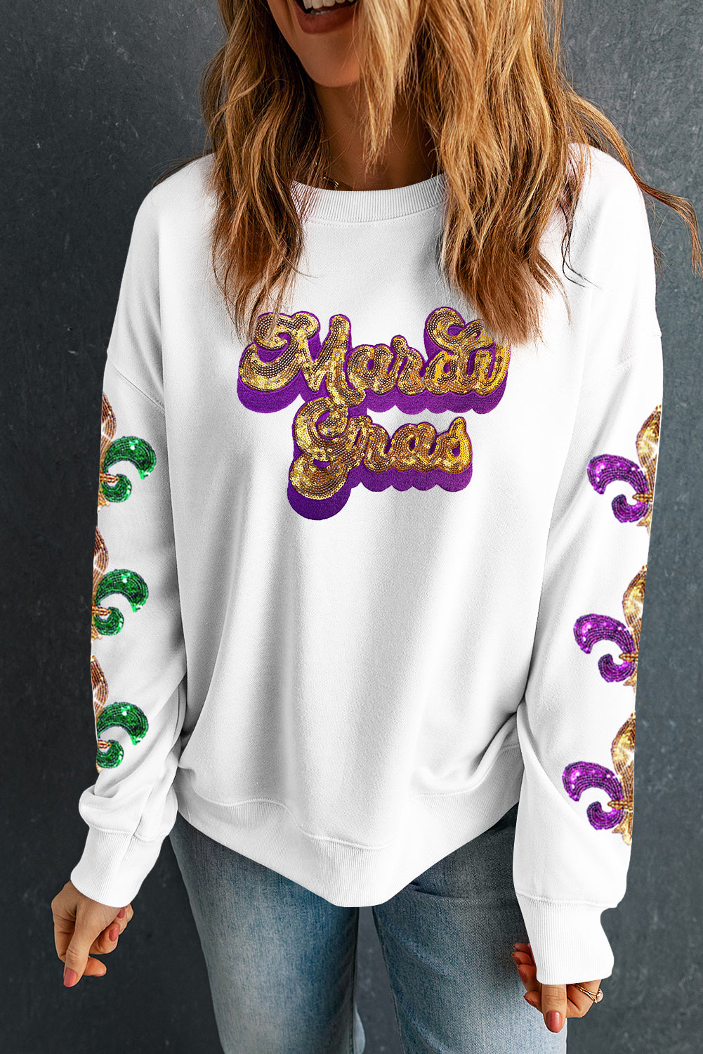 Beige Sequin Mardi Gras Patched Pattern Fleur de Lis Sleeve Sweatshirt-Graphic/Graphic Sweatshirts-[Adult]-[Female]-2022 Online Blue Zone Planet