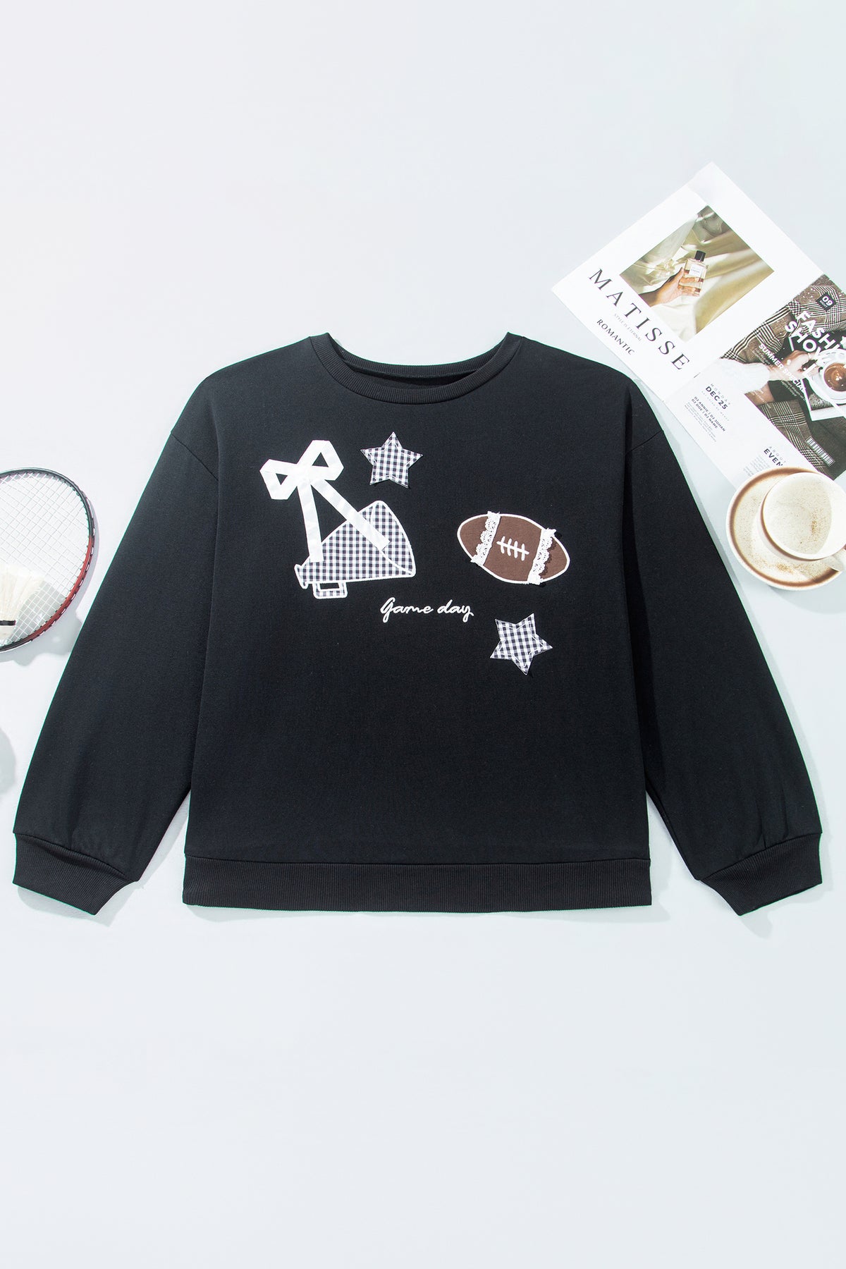 Black Rugby Game Day Patchwork Graphic Plus Size Sweatshirt-Plus Size/Plus Size Sweatshirts & Hoodies-[Adult]-[Female]-2022 Online Blue Zone Planet