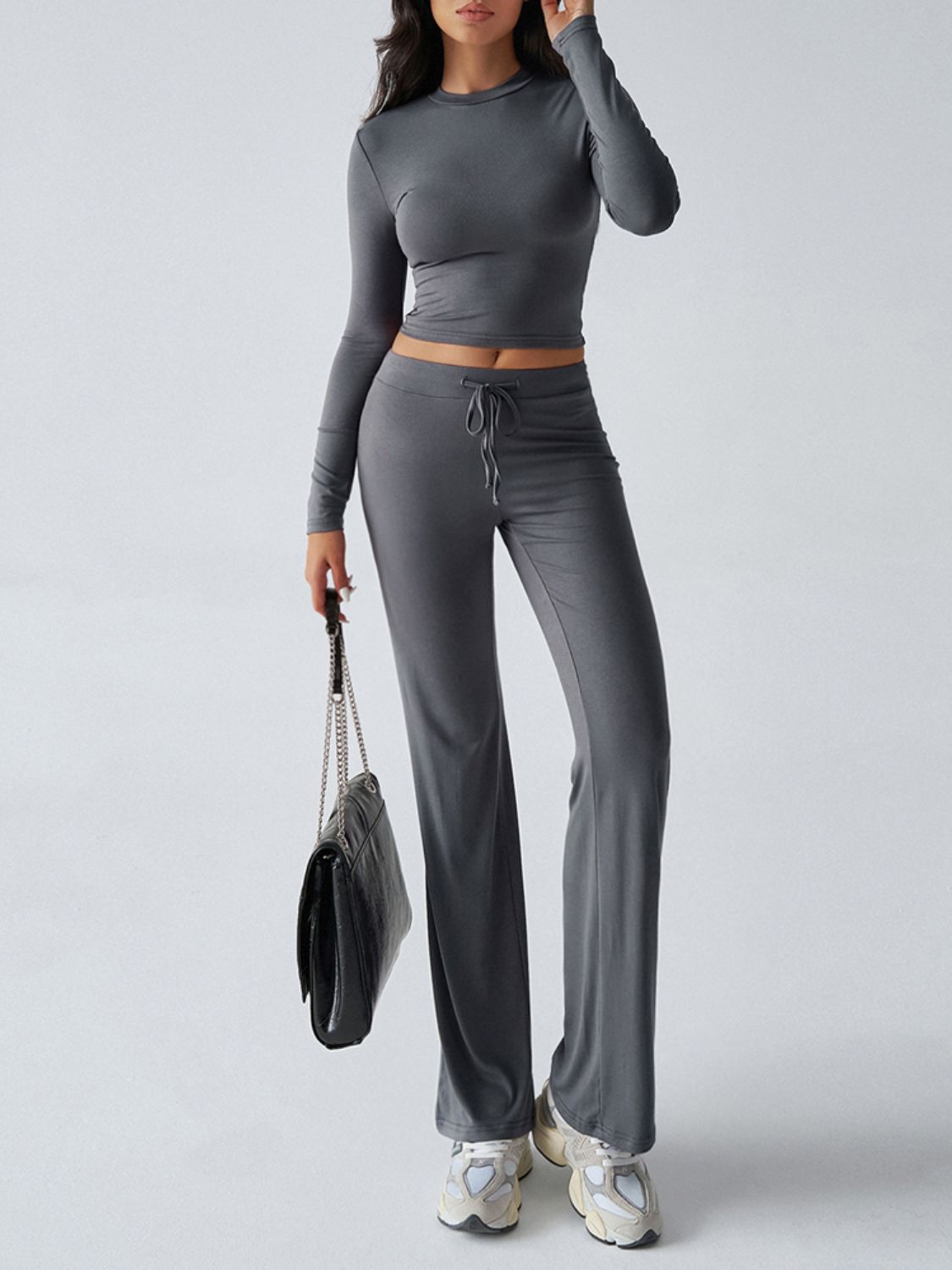 Blue Zone Planet | Devine Round Neck Long Sleeve Top and Drawstring Pants Set-TOPS / DRESSES-[Adult]-[Female]-2022 Online Blue Zone Planet