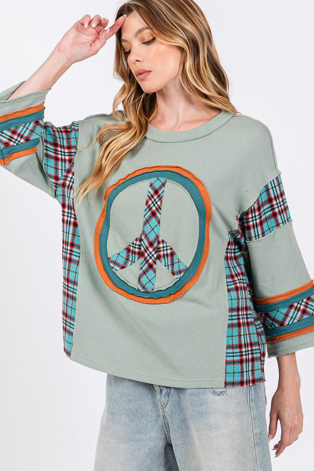 Blue Zone Planet | SAGE + FIG Peace Applique Patch Contrast Plaid Top-TOPS / DRESSES-[Adult]-[Female]-2022 Online Blue Zone Planet