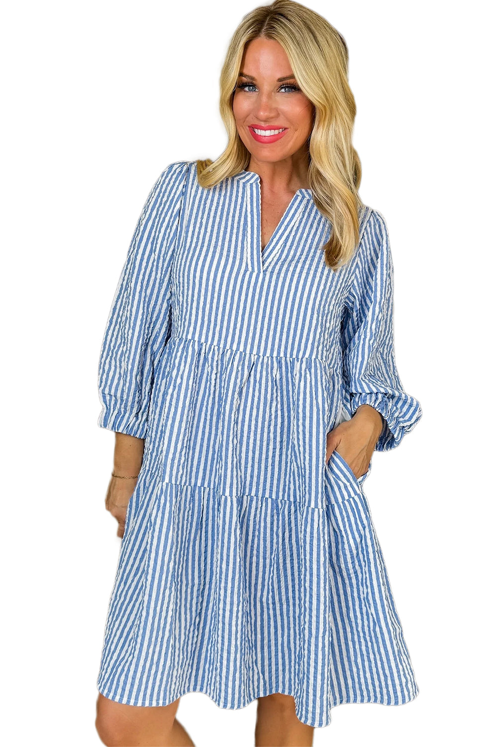 Sky Blue Stripe Bracelet Sleeve Tiered Shift Dress with Pockets-TOPS / DRESSES-[Adult]-[Female]-2022 Online Blue Zone Planet