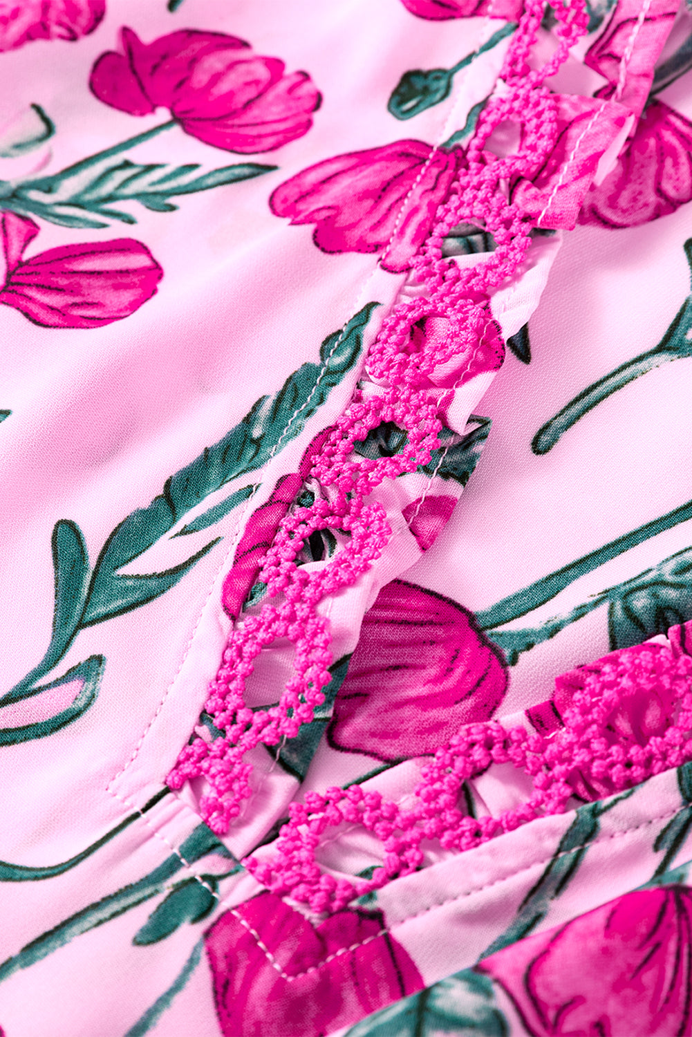 Pink Floral Lace Detail Frilled V Neck Summer Blouse-Tops/Blouses & Shirts-[Adult]-[Female]-2022 Online Blue Zone Planet