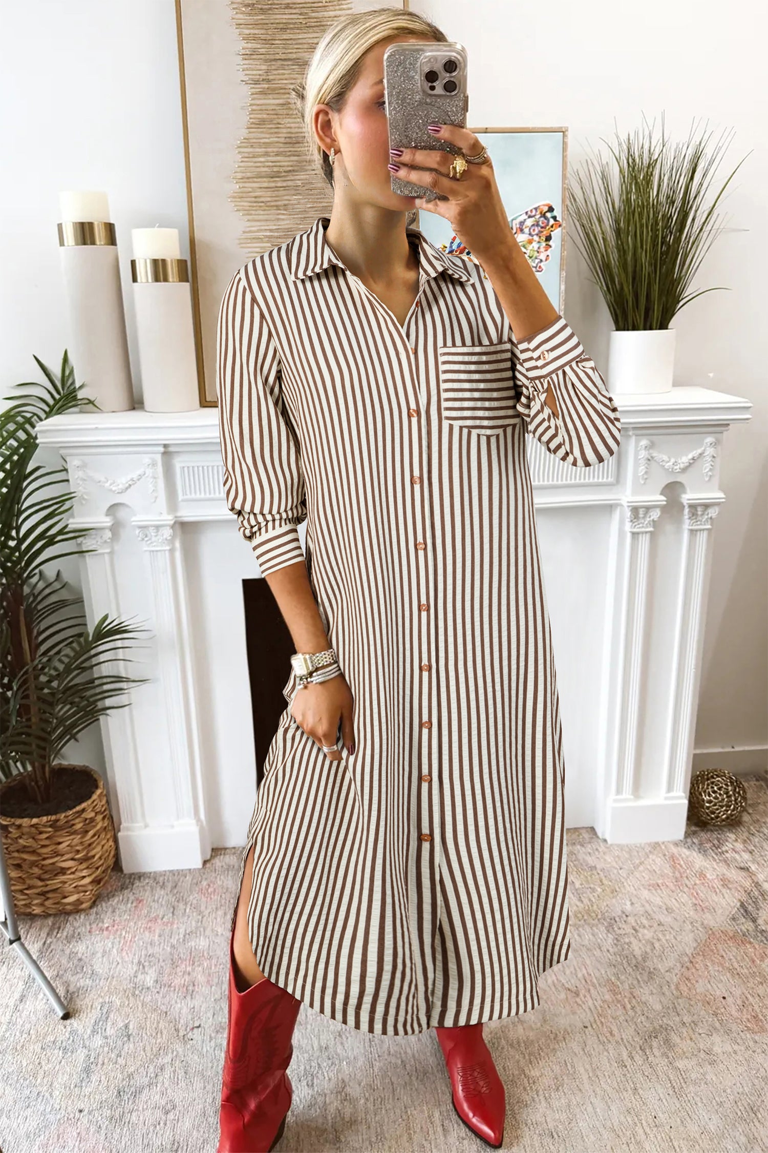 Brown Stripe Textured 3/4 Sleeve Round Hem Split Midi Shirt Dress-TOPS / DRESSES-[Adult]-[Female]-2022 Online Blue Zone Planet