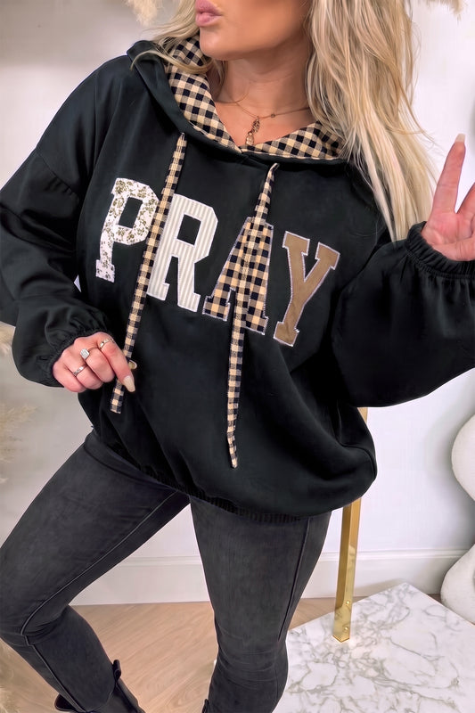 Black PRAY Mix Pattern Letter Graphic Plaid Contrast Drawstring Hoodie-Tops/Sweatshirts & Hoodies-[Adult]-[Female]-Black-S-2022 Online Blue Zone Planet