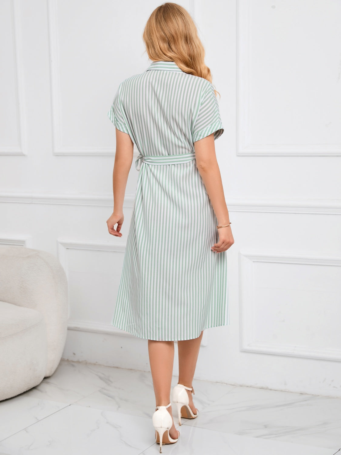 Striped Short Sleeve Tie Waist Midi Dress-TOPS / DRESSES-[Adult]-[Female]-2022 Online Blue Zone Planet