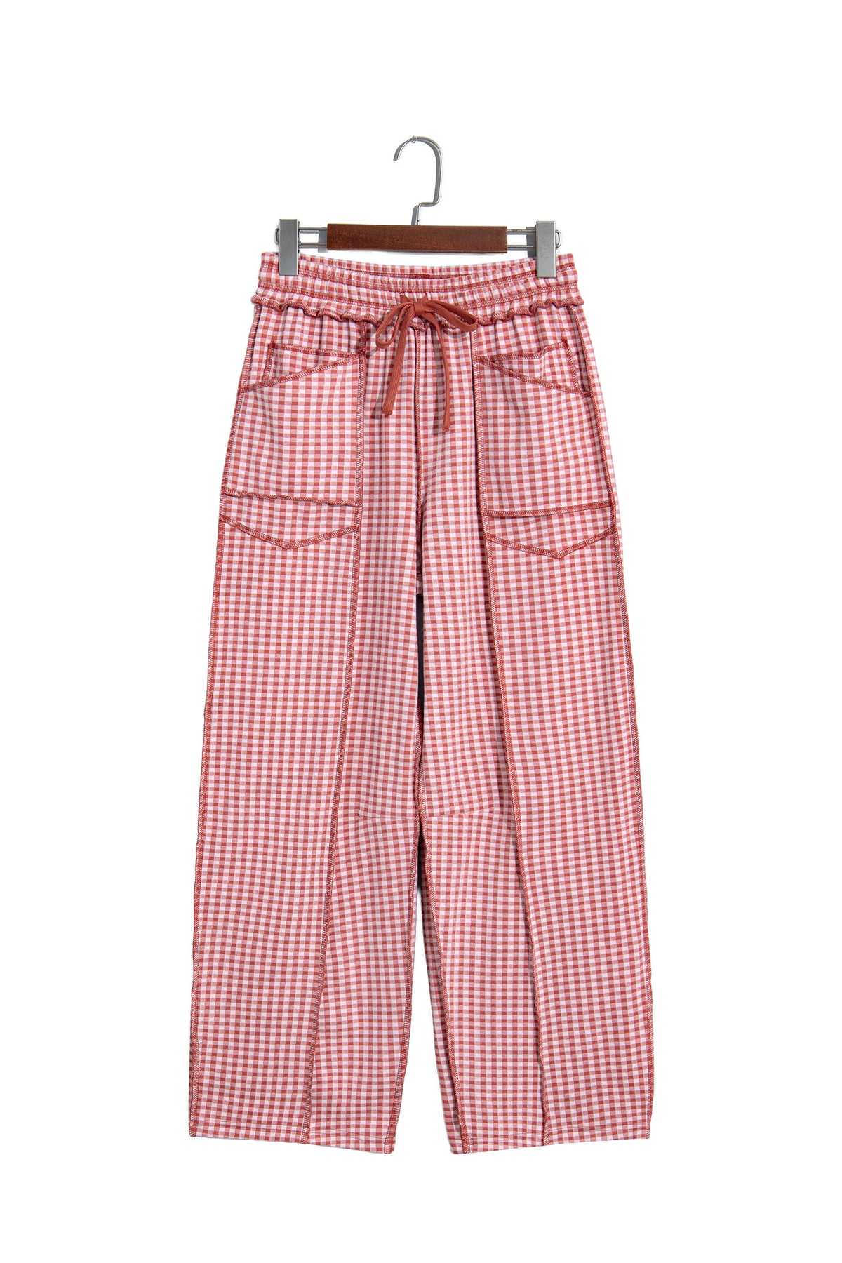 Red Plaid Contrast Trim Drawstring Elastic Waist Shift Pants-Bottoms/Pants & Culotte-[Adult]-[Female]-2022 Online Blue Zone Planet