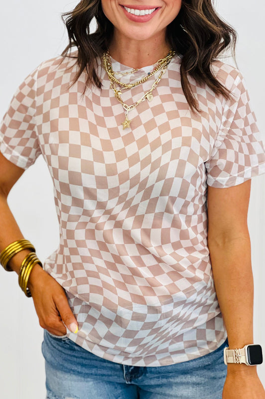 Khaki Checkered Print Mock Neck Mesh T Shirt-Tops/Tops & Tees-[Adult]-[Female]-Khaki-S-2022 Online Blue Zone Planet