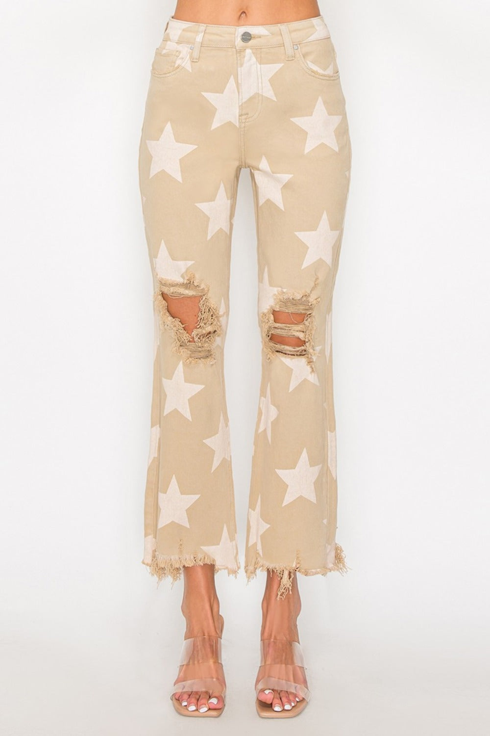 RISEN Full Size High Rise Star Printed Frayed Hem Jeans-BOTTOMS SIZES SMALL MEDIUM LARGE-[Adult]-[Female]-2022 Online Blue Zone Planet