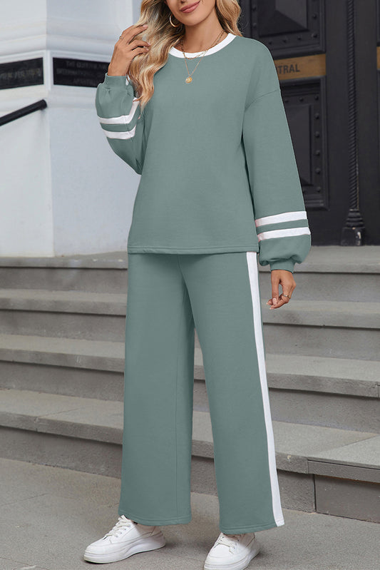 Blue Varsity Stripe Patchwork Puff Sleeve Pullover Drawstring Wide Leg Pant Set-Two Piece Sets/Pant Sets-[Adult]-[Female]-Blue-S-2022 Online Blue Zone Planet