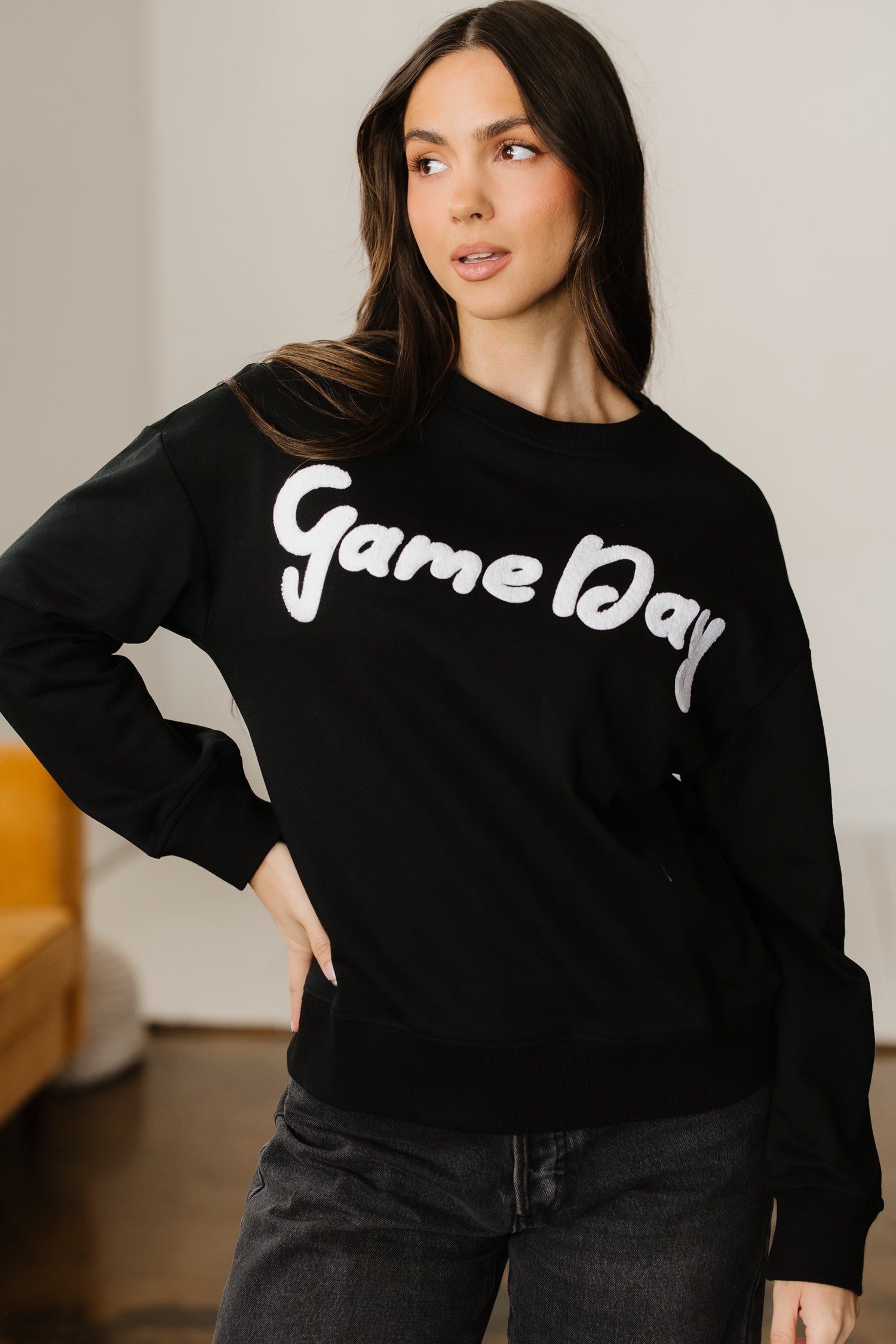 Black Chenille Game Day Graphic Drop Shoulder Sweatshirt-Tops/Sweatshirts & Hoodies-[Adult]-[Female]-2022 Online Blue Zone Planet