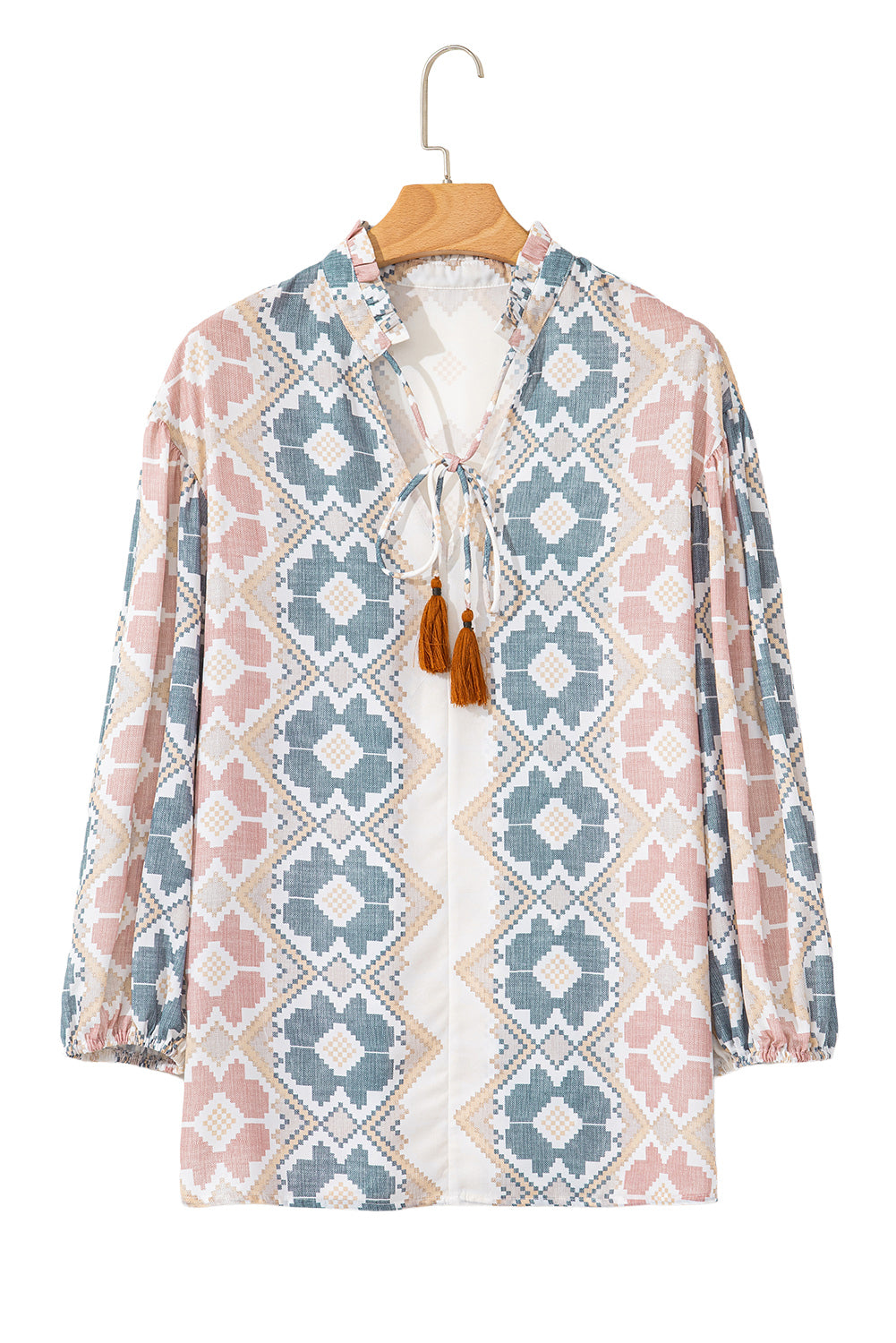 Blue Zone Planet | Khaki Geometric Print Tassel Tie Split Neck Balloon Sleeve Blouse-Tops/Blouses & Shirts-[Adult]-[Female]-2022 Online Blue Zone Planet