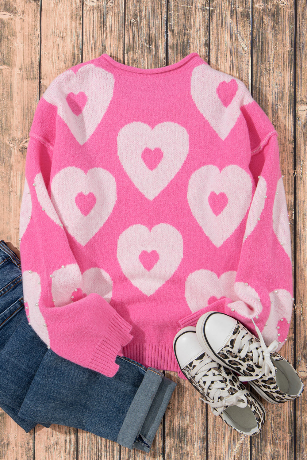 Bonbon Pearl Beaded Heart Drop Shoulder Sweater-Sweaters-[Adult]-[Female]-2022 Online Blue Zone Planet