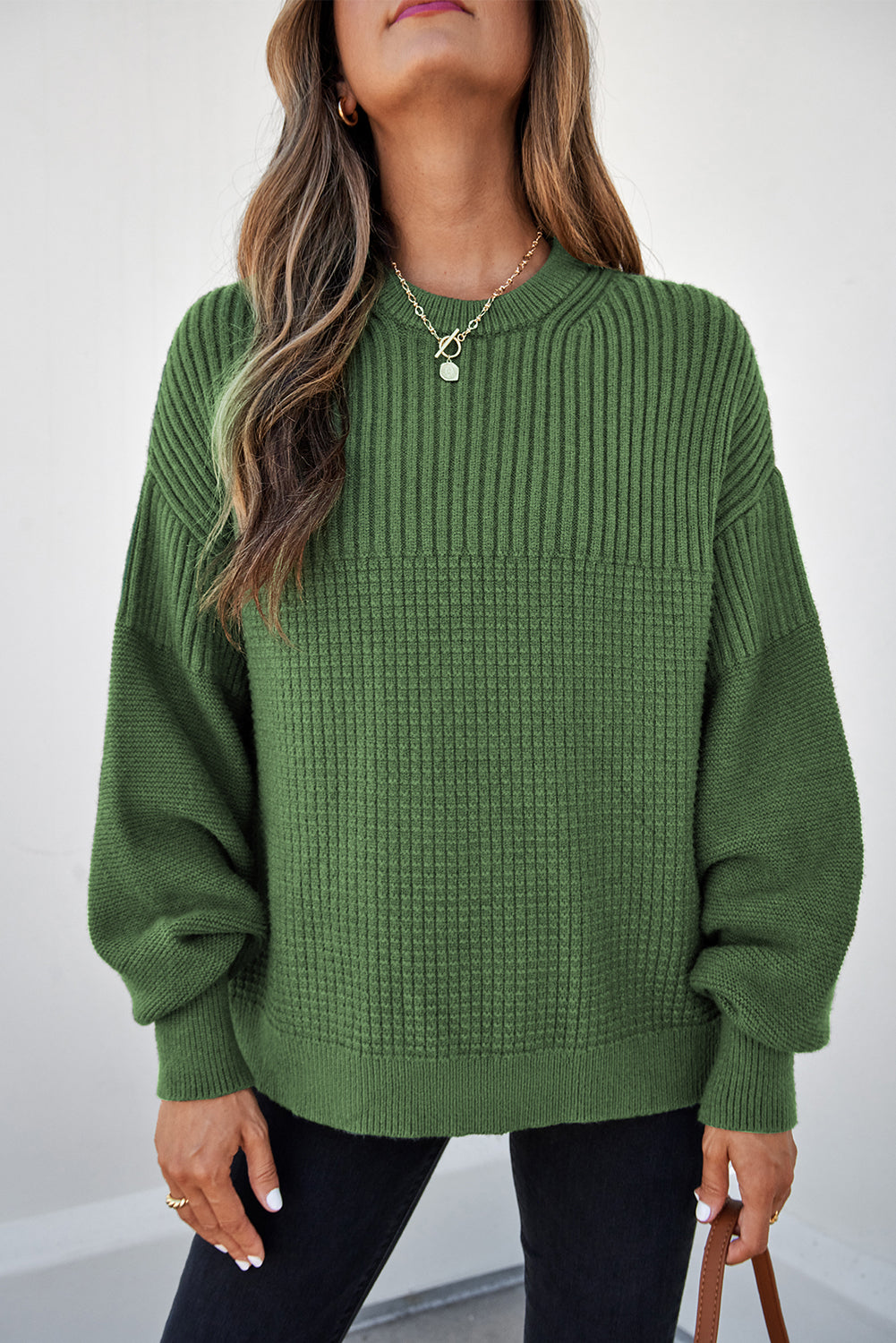 Vineyard Green Solid Color Mixed Textured Knitted Crew Neck Sweater-Sweaters & Cardigans/Sweaters-[Adult]-[Female]-2022 Online Blue Zone Planet