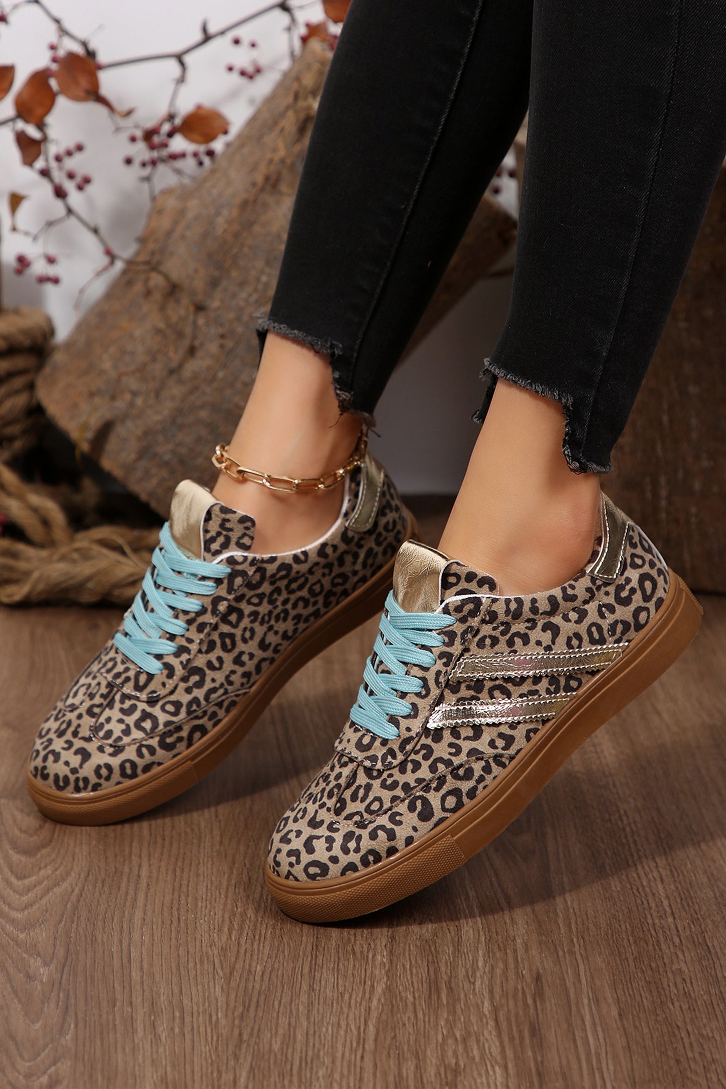 Coffee Faux Suede Leopard Print Sleek PU Leather Detail Lace Up Sneakers-Shoes & Bags/Womens Shoes-[Adult]-[Female]-2022 Online Blue Zone Planet