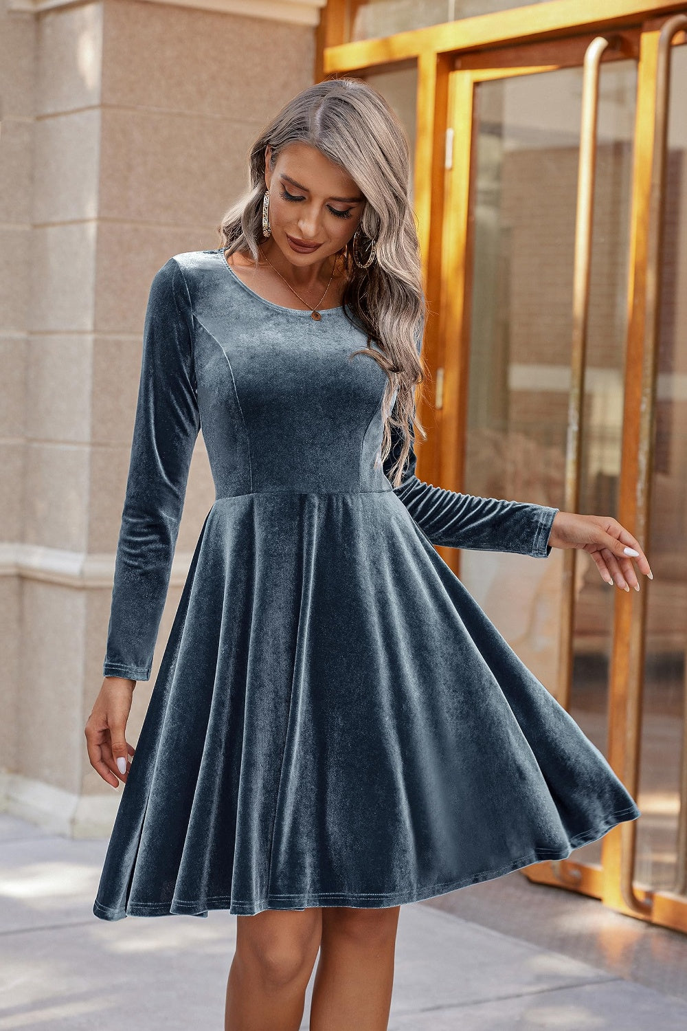 Blue Zone Planet | Round Neck Long Sleeve Knee Length Dress-TOPS / DRESSES-[Adult]-[Female]-Air Force Blue-S-2022 Online Blue Zone Planet