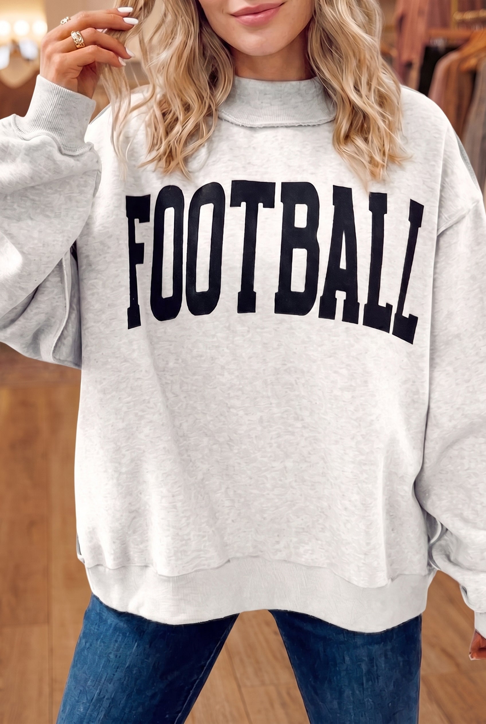 Light Grey High Neck GAMEDAY/ FOOTBALL Double Side Printed Reversible Sweatshirt-Tops/Sweatshirts & Hoodies-[Adult]-[Female]-2022 Online Blue Zone Planet
