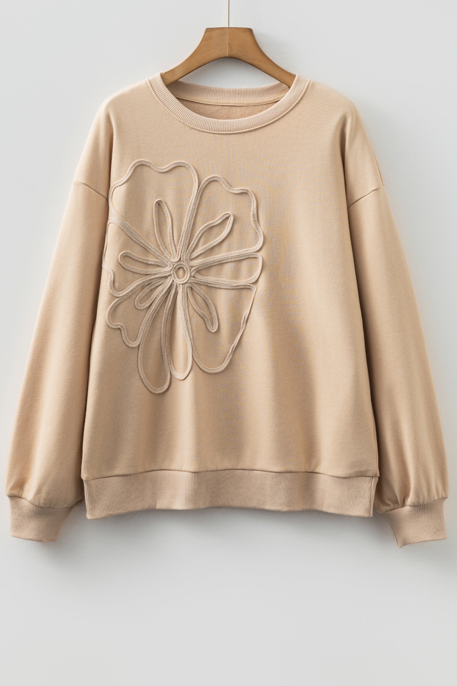 Parchment Embroidered Flower Pattern Drop Shoulder Sweatshirt-Tops/Sweatshirts & Hoodies-[Adult]-[Female]-2022 Online Blue Zone Planet