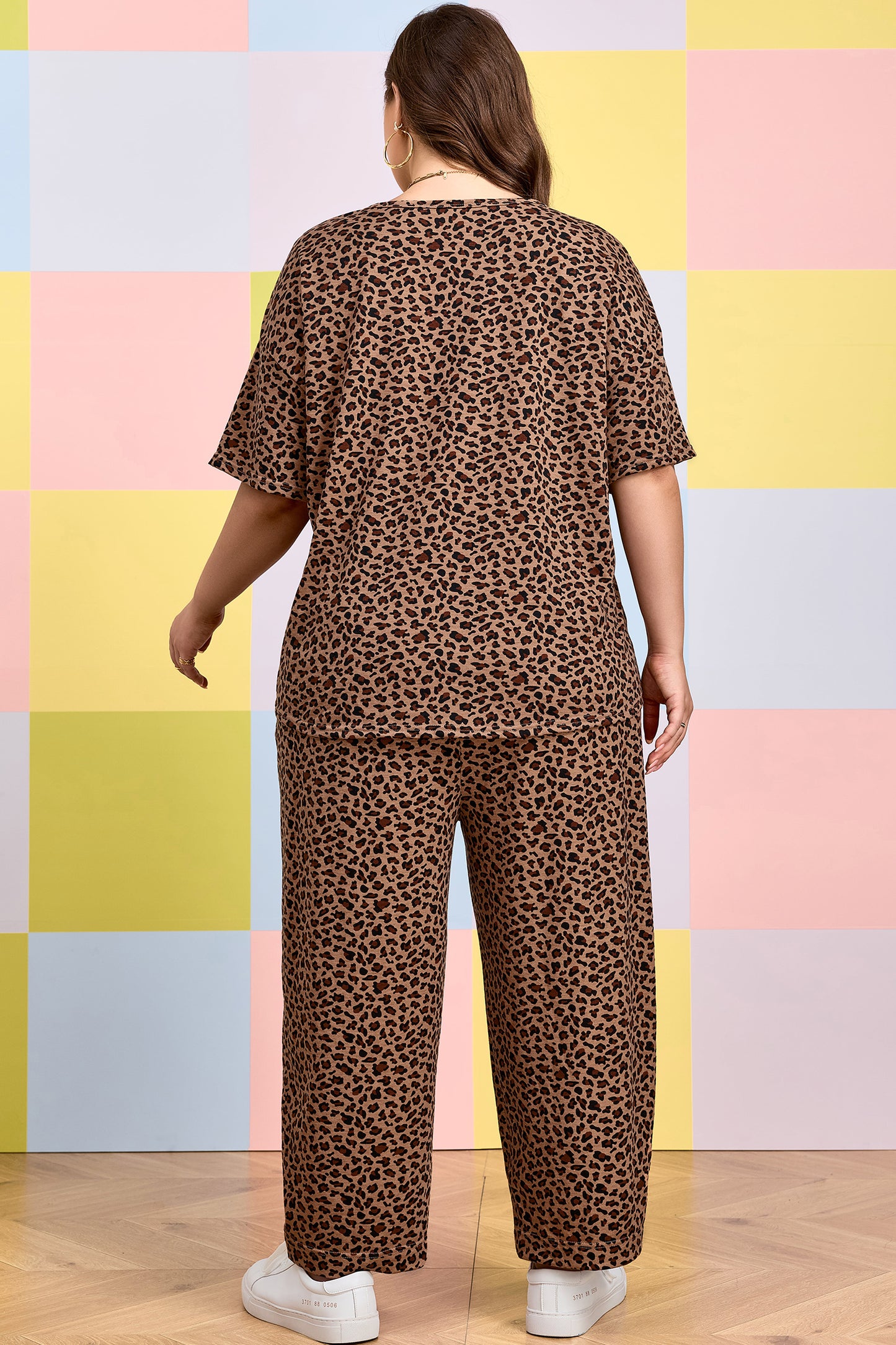 Brown Plus Size Leopard Loose Top Pleated Pants Set-Plus Size/Plus Size Loungewear-[Adult]-[Female]-2022 Online Blue Zone Planet