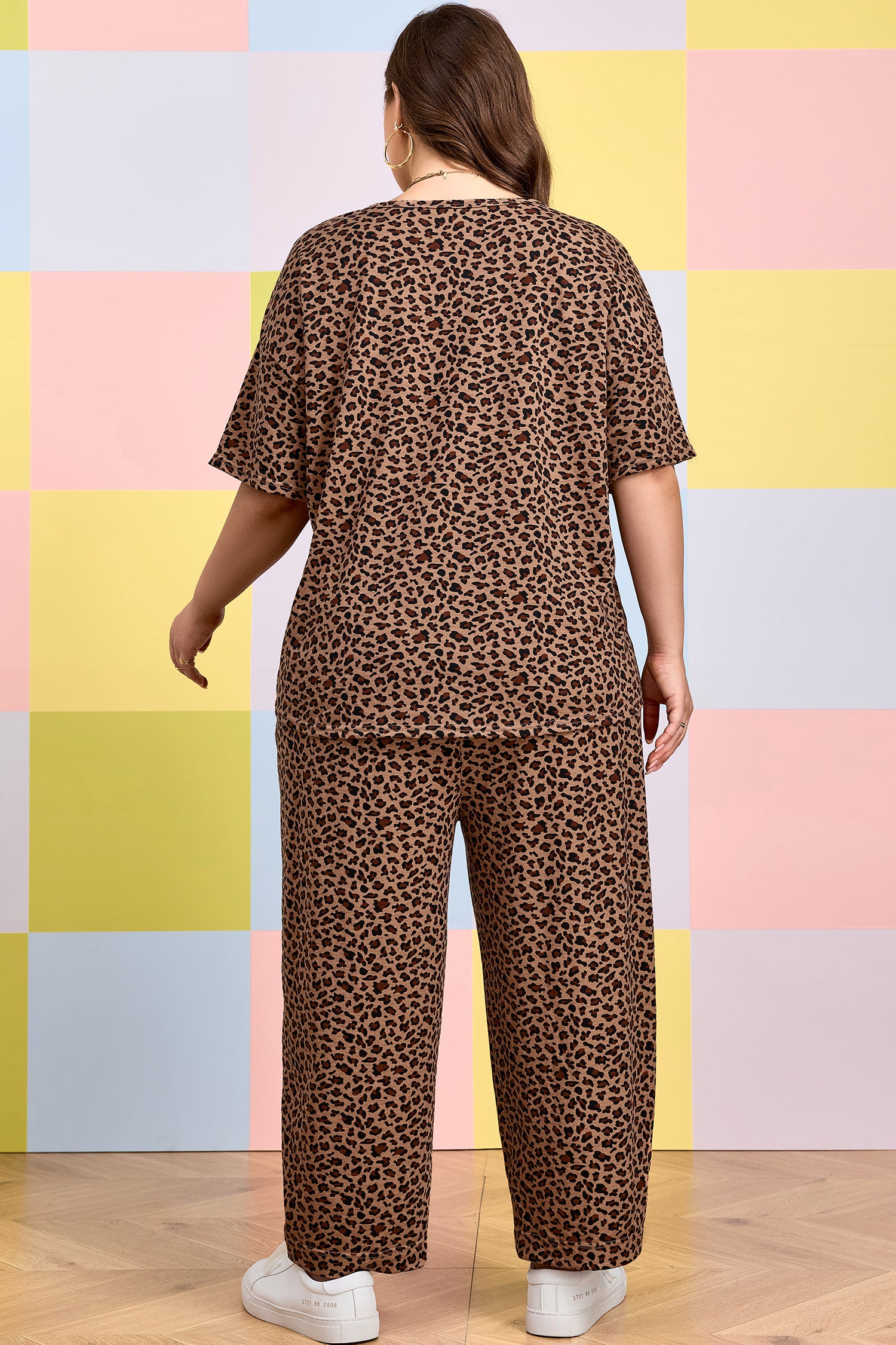 Brown Plus Size Leopard Loose Top Pleated Pants Set-Plus Size/Plus Size Loungewear-[Adult]-[Female]-2022 Online Blue Zone Planet
